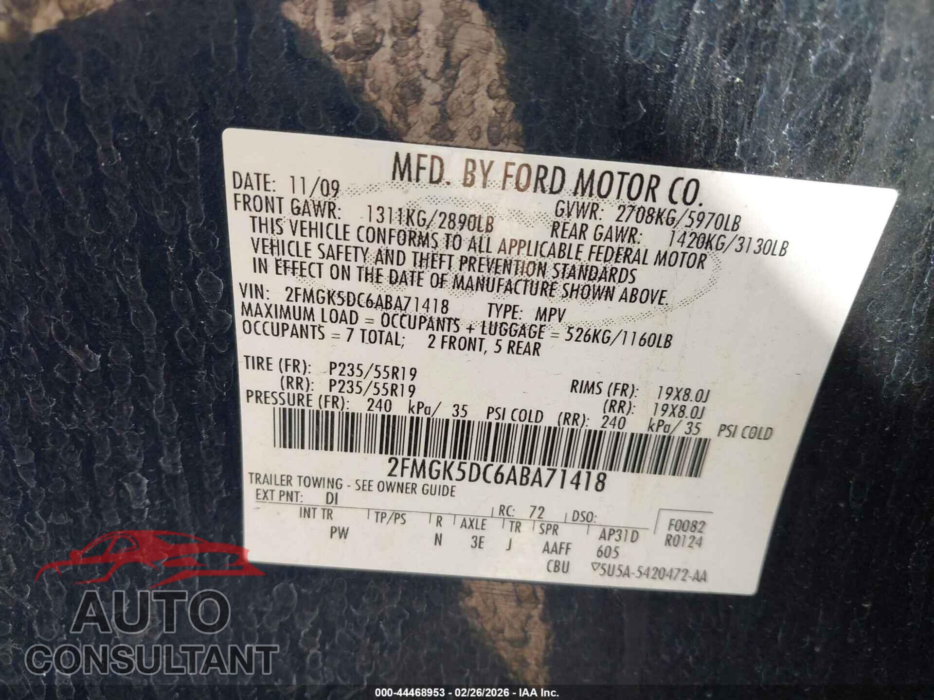 FORD FLEX 2010 - 2FMGK5DC6ABA71418
