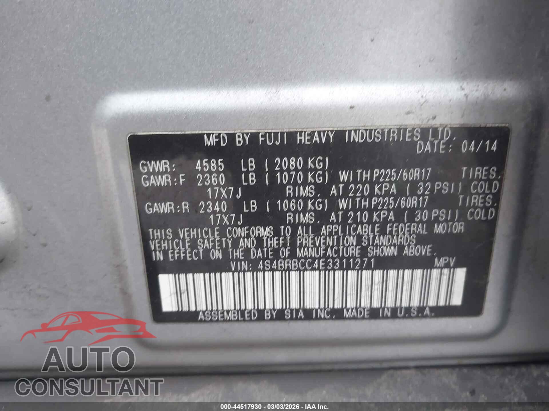 SUBARU OUTBACK 2014 - 4S4BRBCC4E3311271