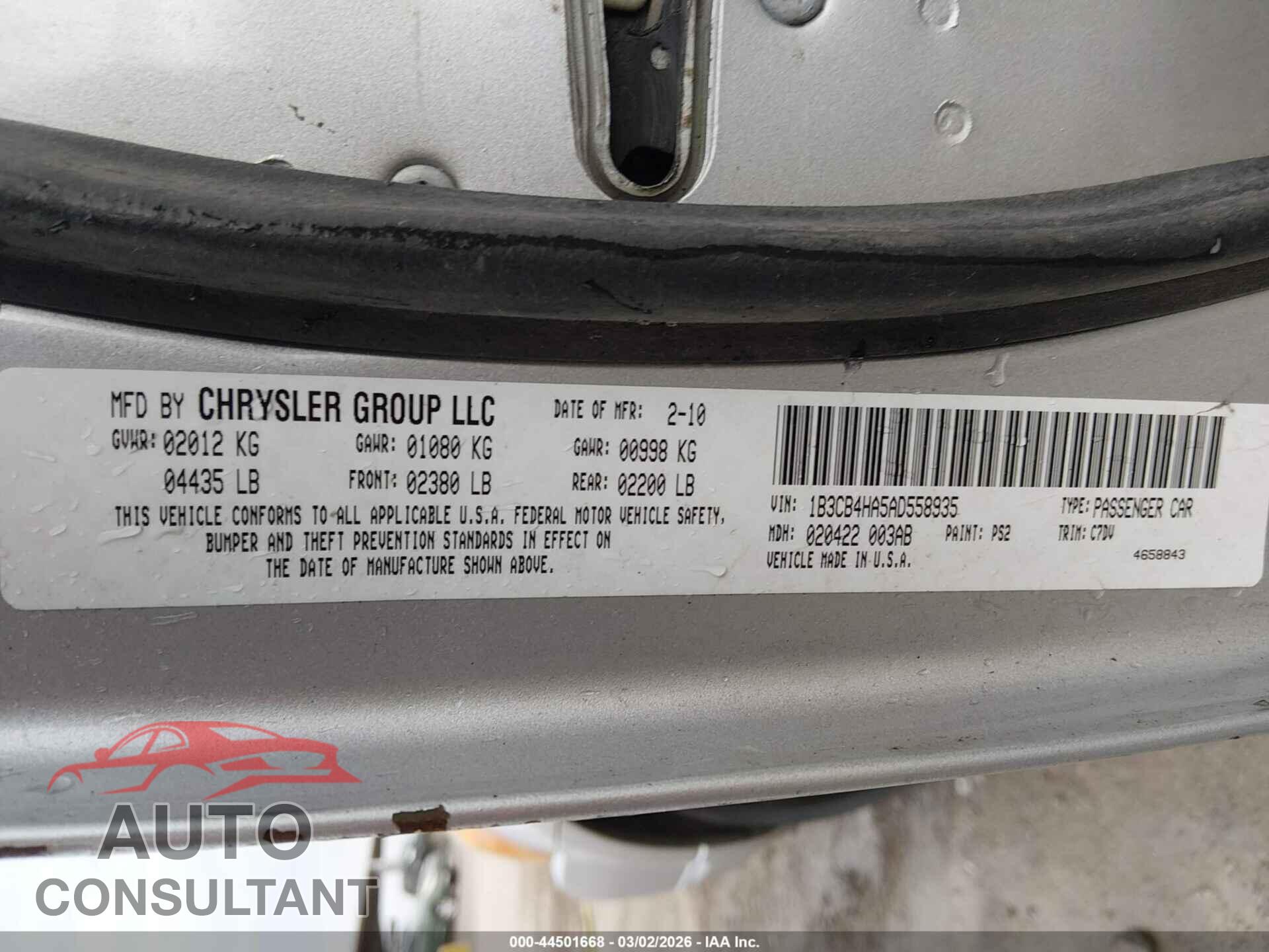 DODGE CALIBER 2010 - 1B3CB4HA5AD558935