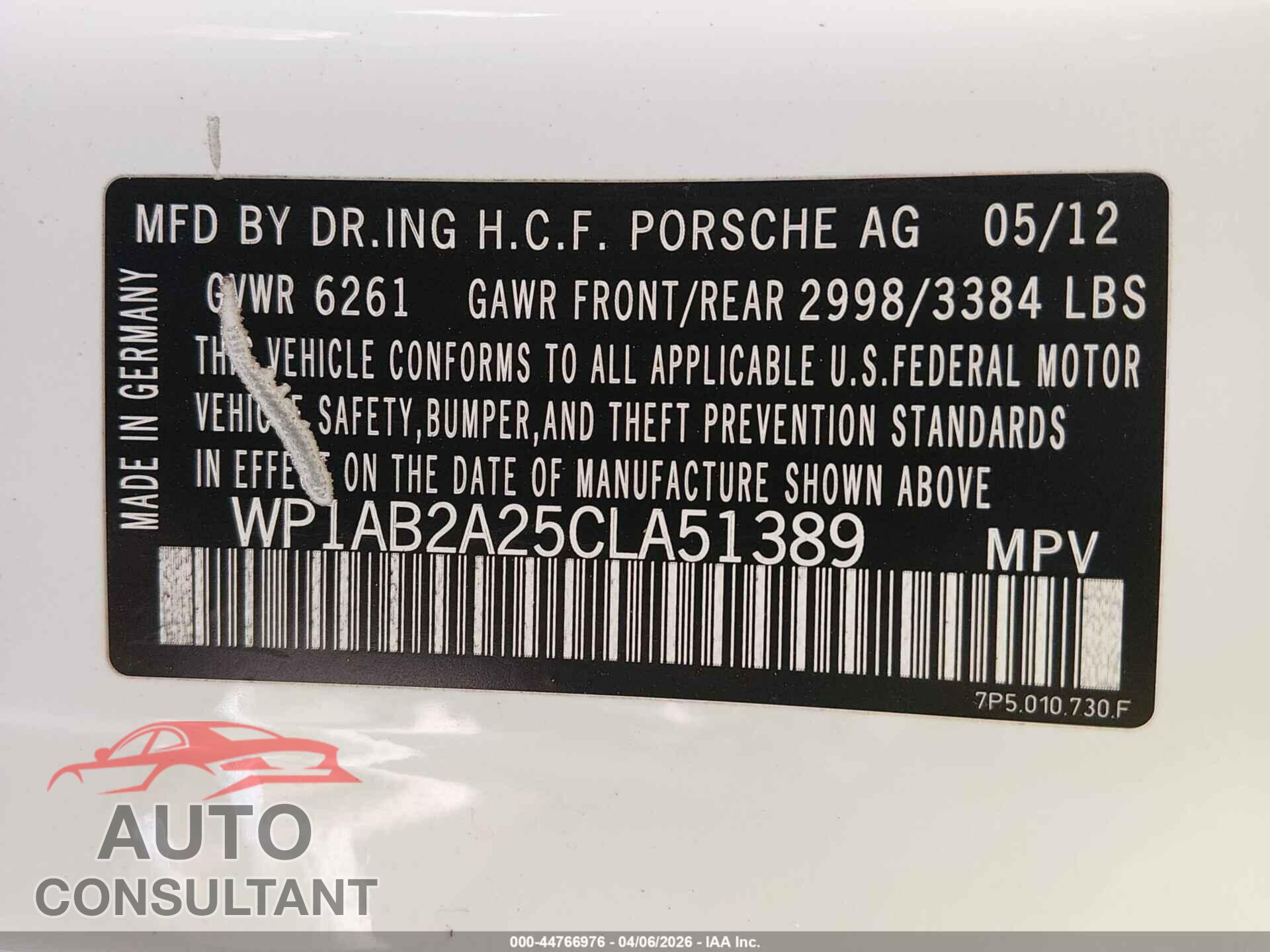PORSCHE CAYENNE 2012 - WP1AB2A25CLA51389