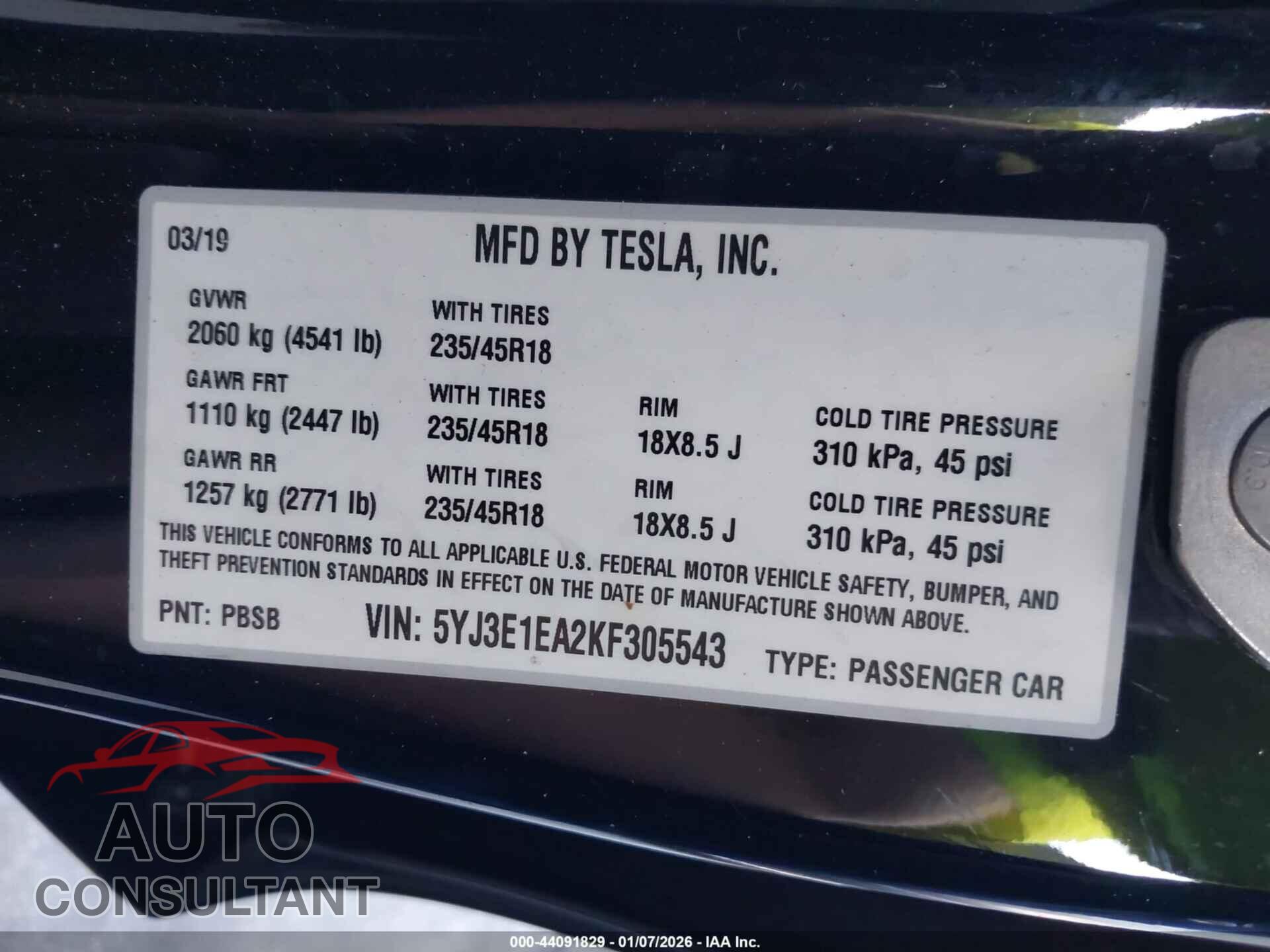 TESLA MODEL 3 2019 - 5YJ3E1EA2KF305543