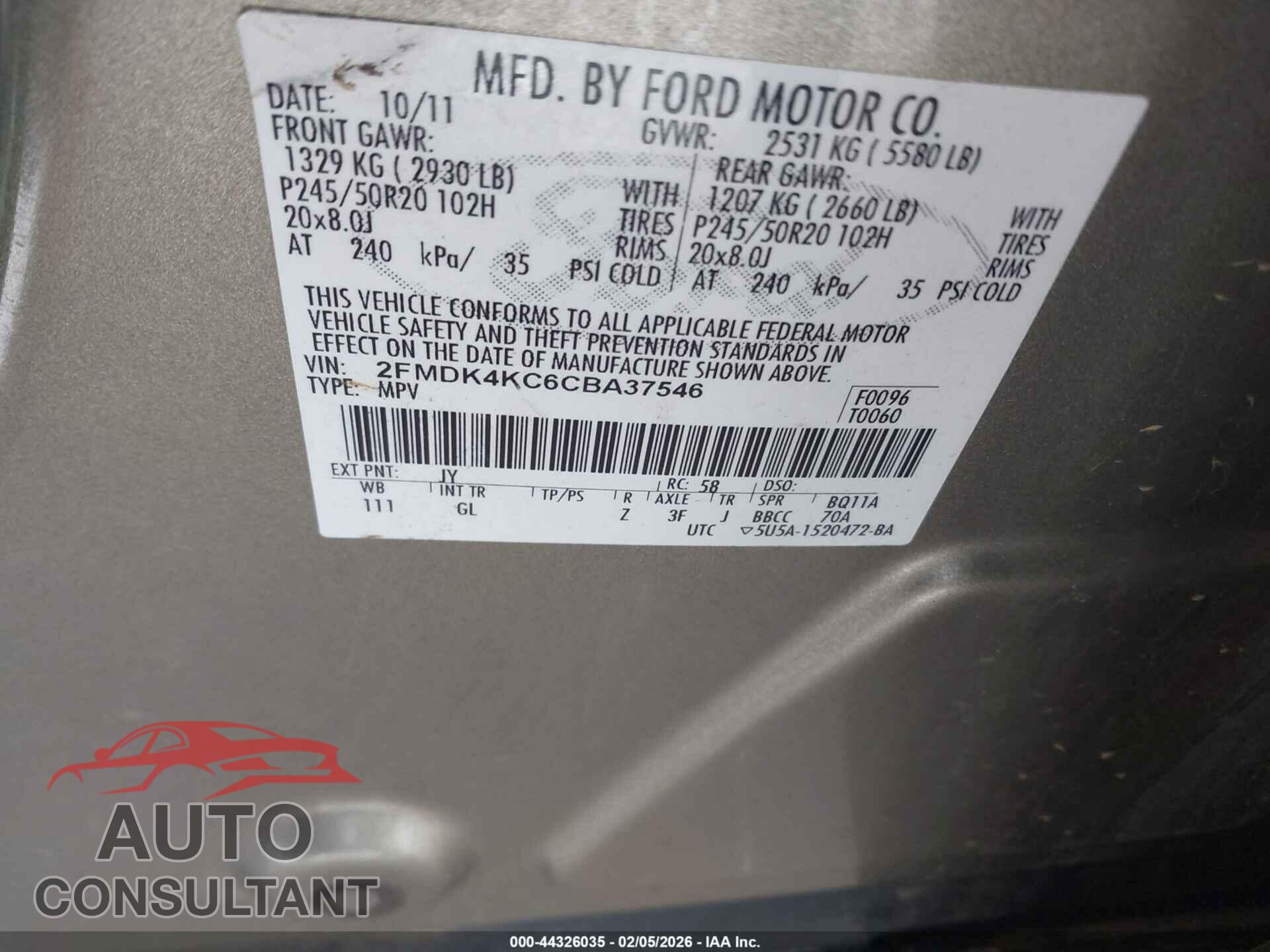 FORD EDGE 2012 - 2FMDK4KC6CBA37546