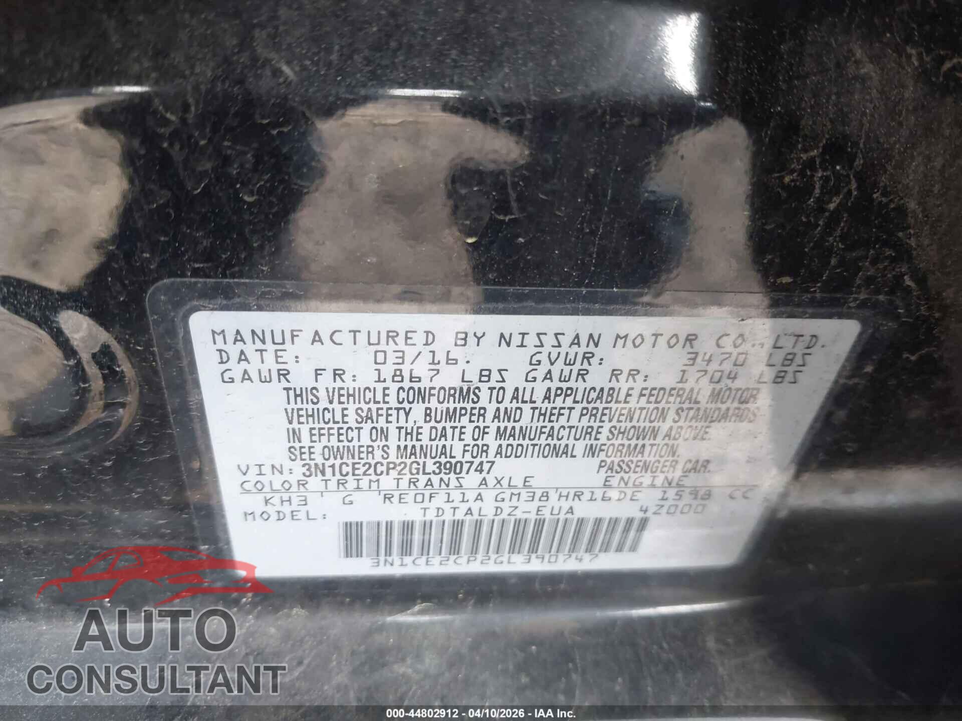 NISSAN VERSA NOTE 2016 - 3N1CE2CP2GL390747