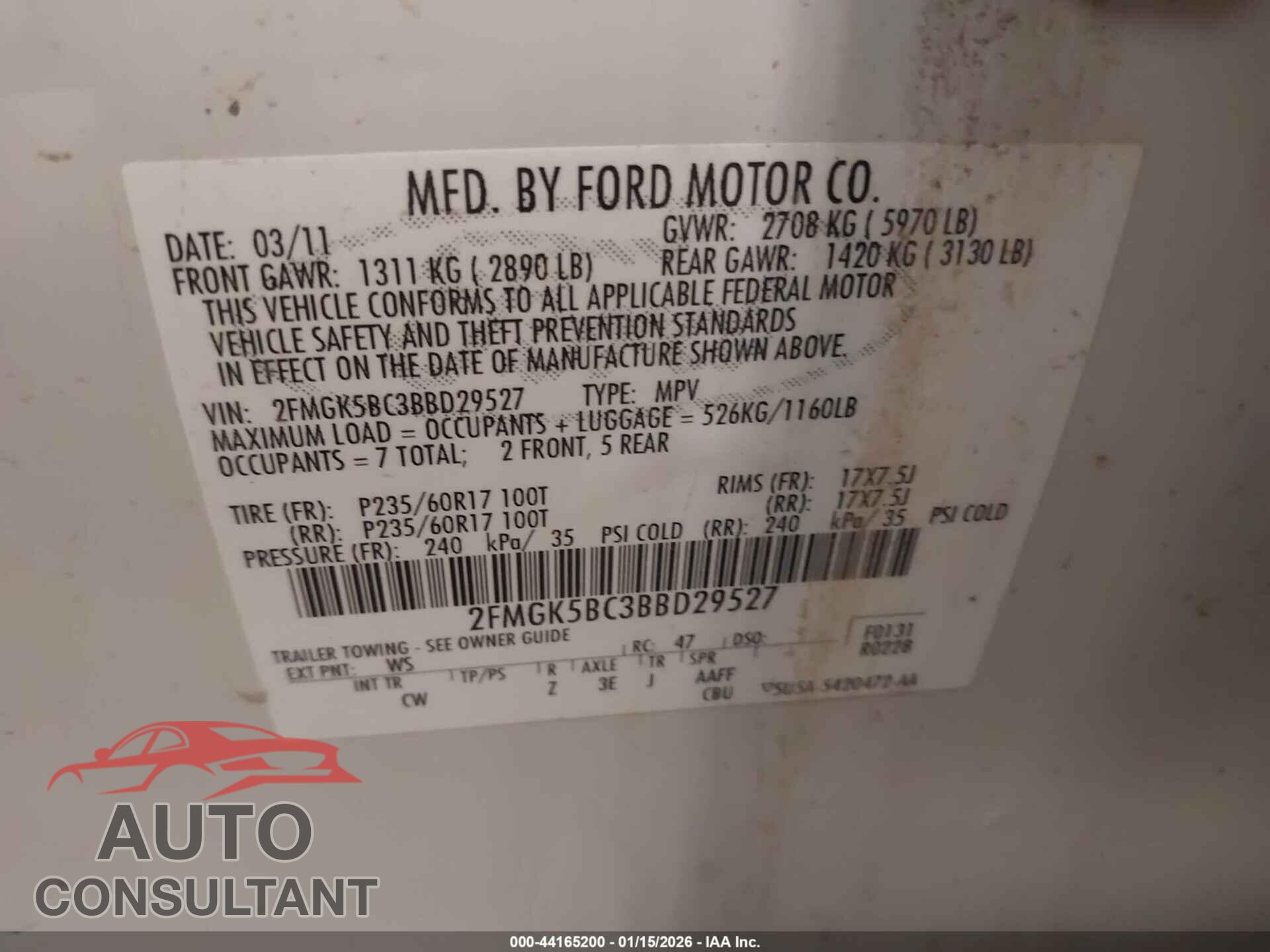 FORD FLEX 2011 - 2FMGK5BC3BBD29527