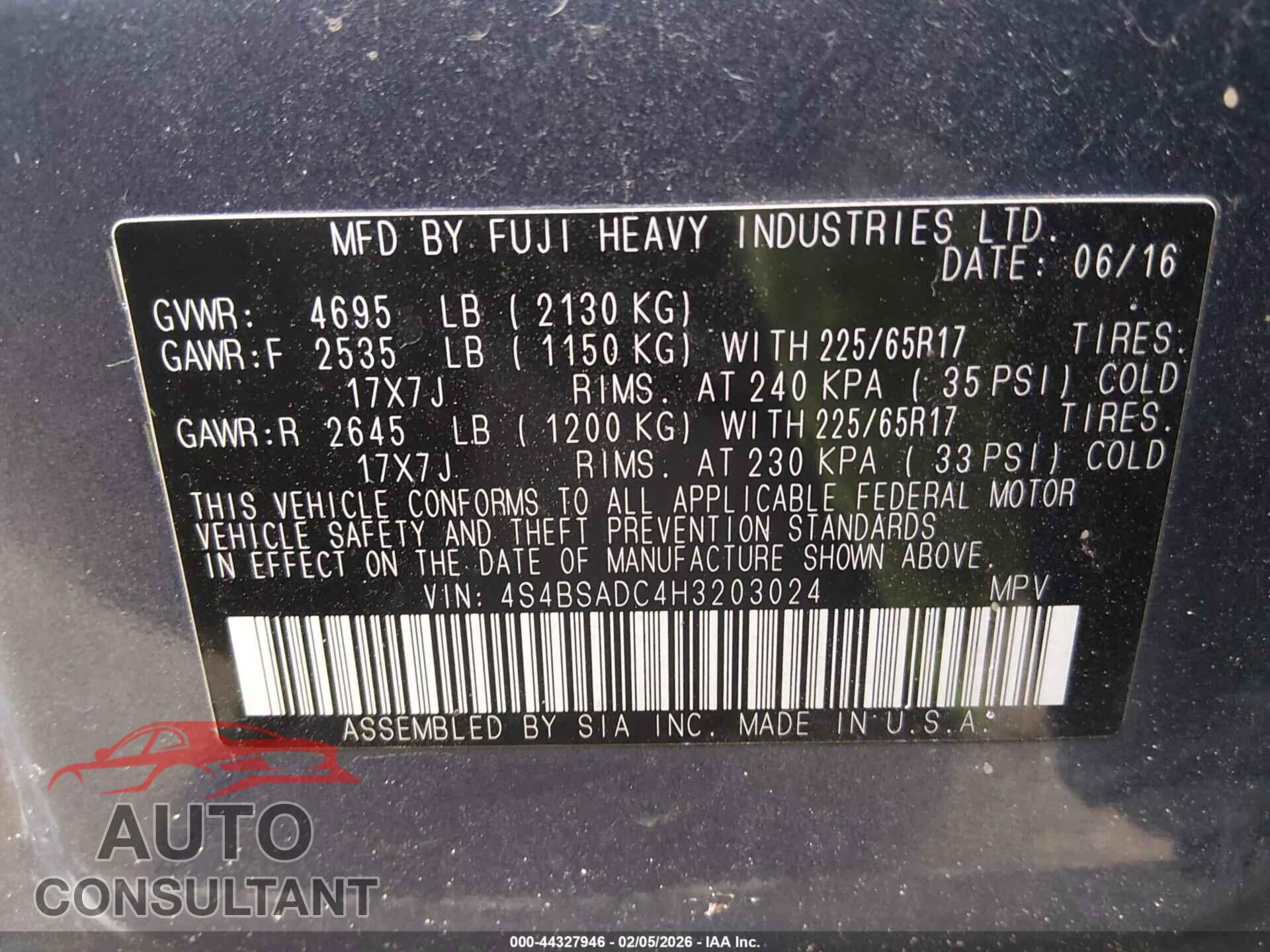 SUBARU OUTBACK 2017 - 4S4BSADC4H3203024