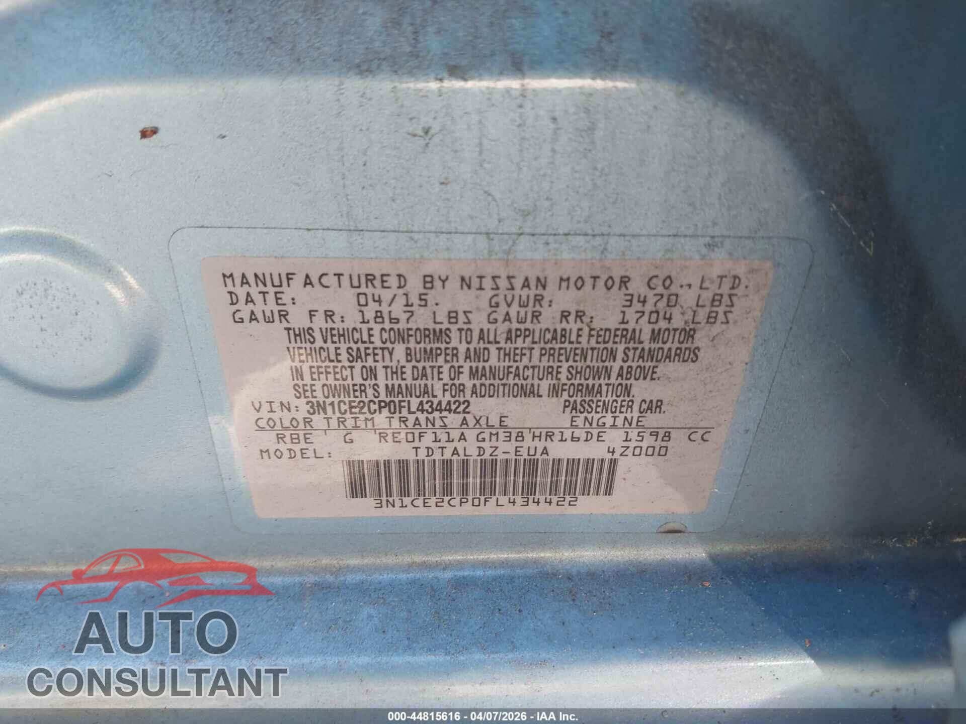 NISSAN VERSA NOTE 2015 - 3N1CE2CP0FL434422
