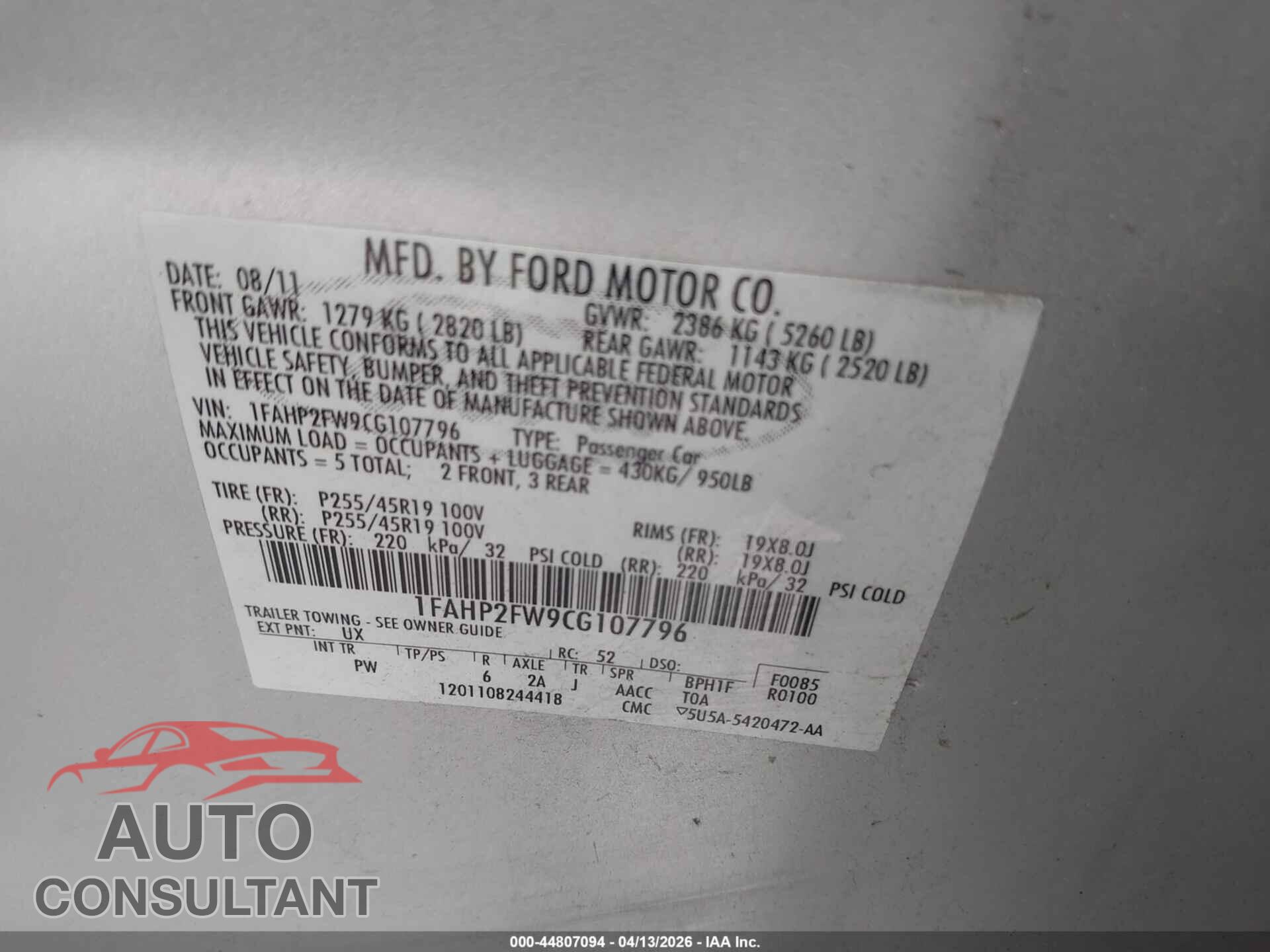 FORD TAURUS 2012 - 1FAHP2FW9CG107796