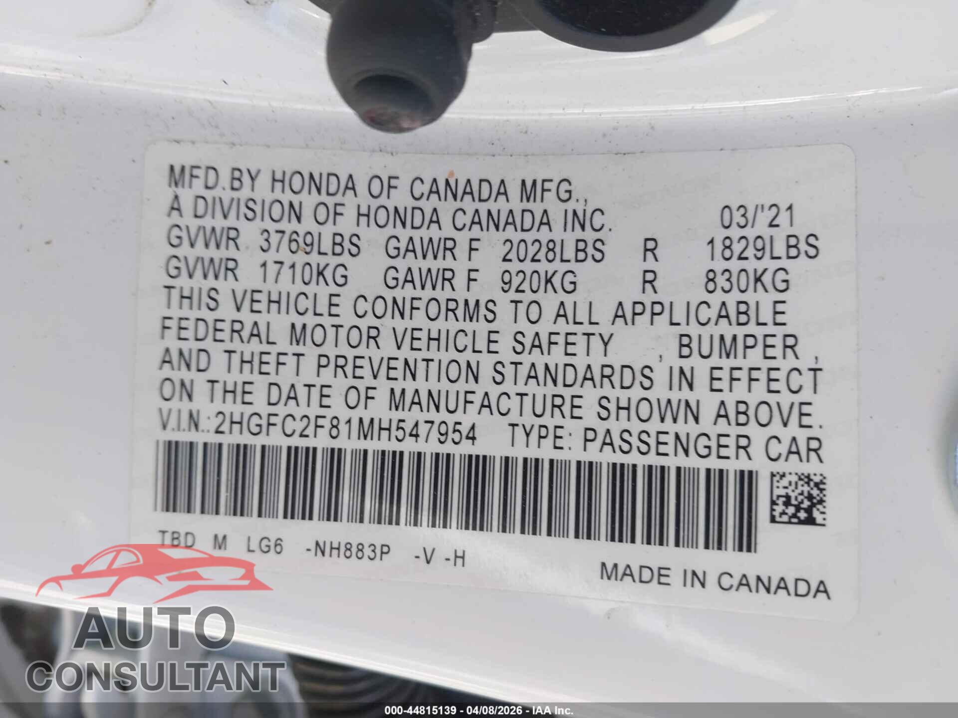 HONDA CIVIC 2021 - 2HGFC2F81MH547954