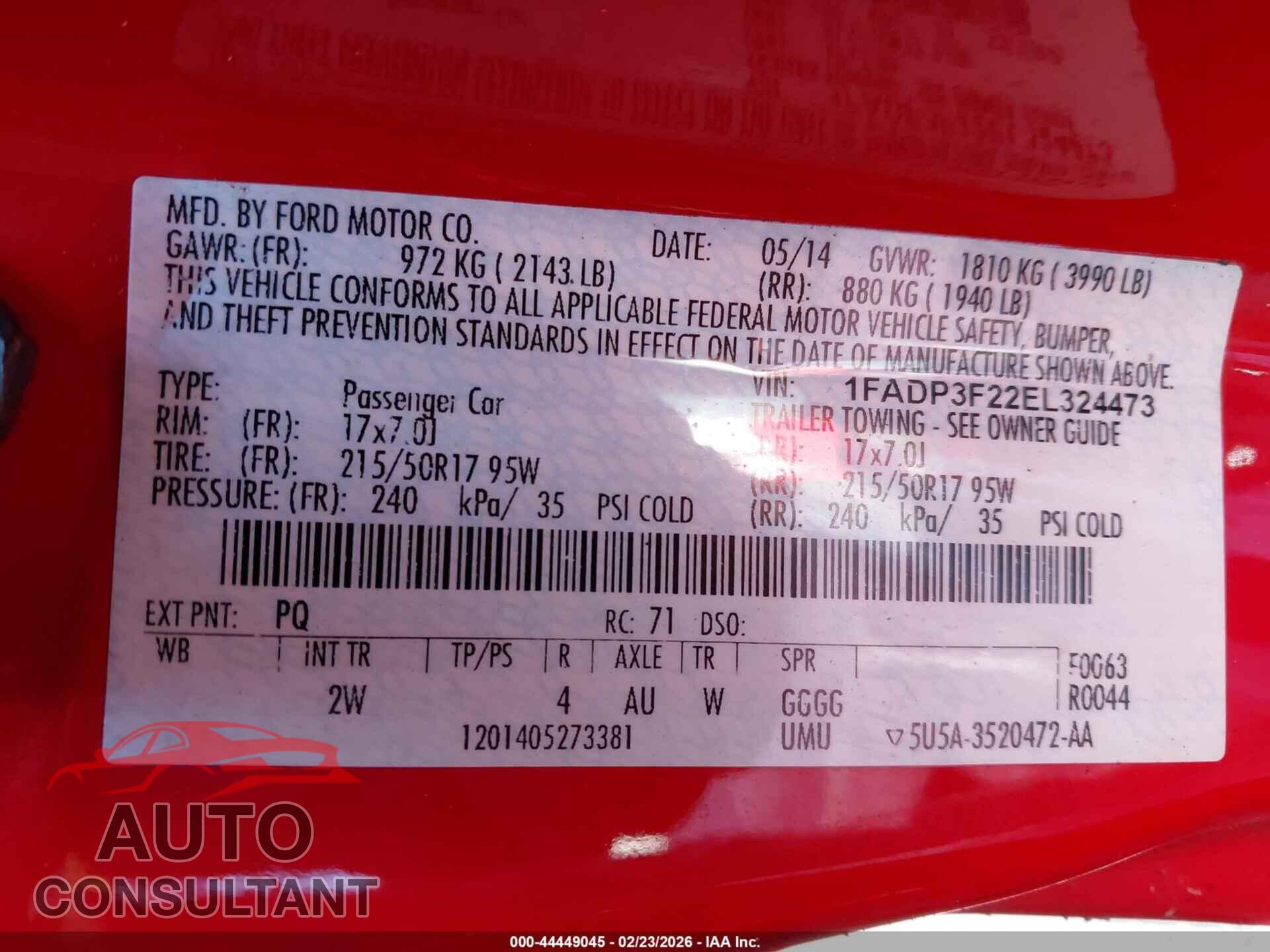 FORD FOCUS 2014 - 1FADP3F22EL324473