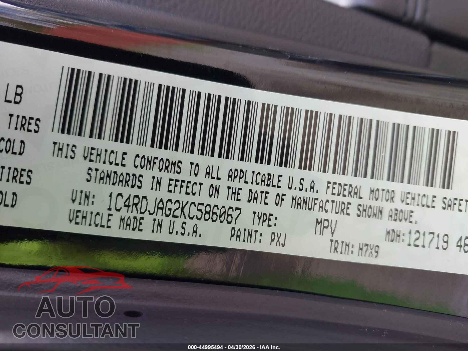 DODGE DURANGO 2019 - 1C4RDJAG2KC586067