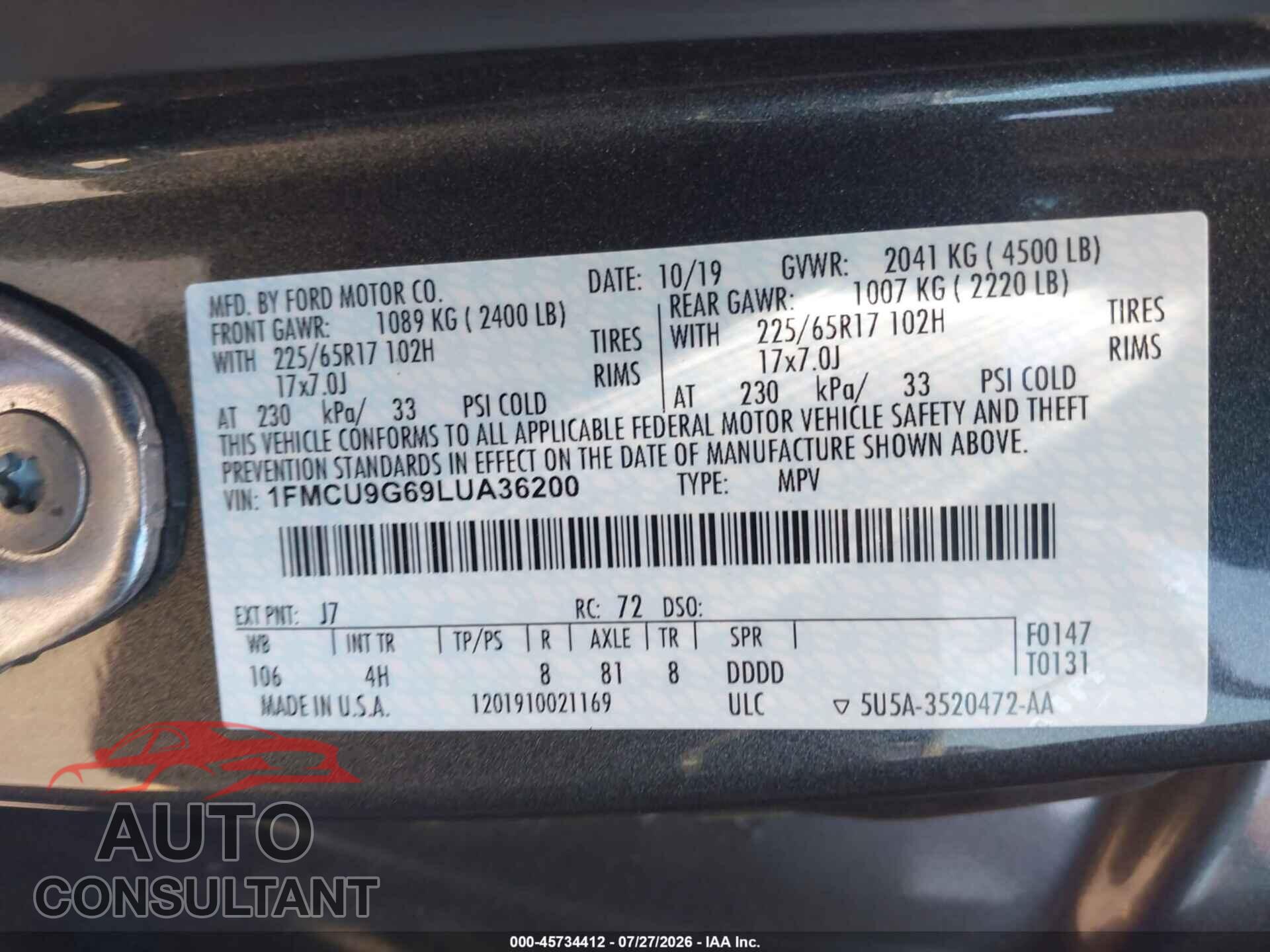 FORD ESCAPE 2020 - 1FMCU9G69LUA36200