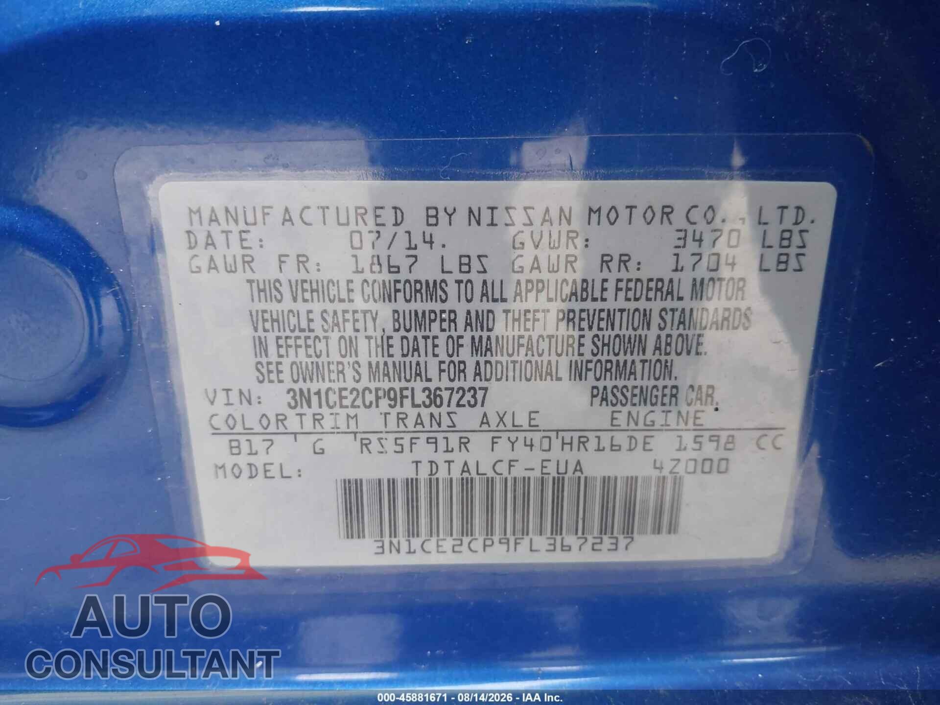 NISSAN VERSA NOTE 2015 - 3N1CE2CP9FL367237