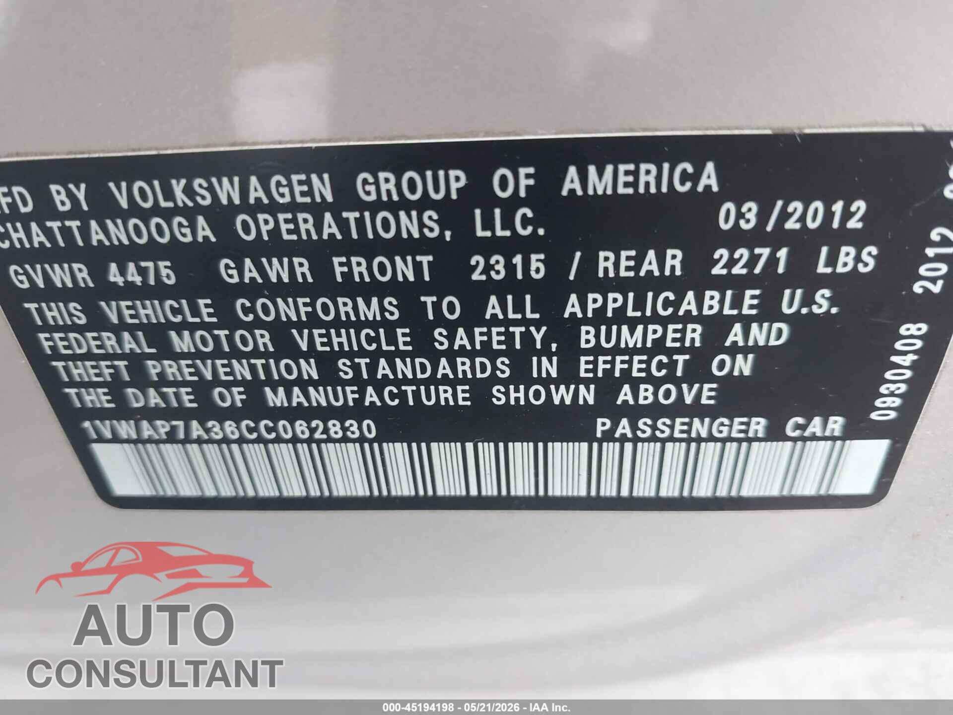 VOLKSWAGEN PASSAT 2012 - 1VWAP7A36CC062830