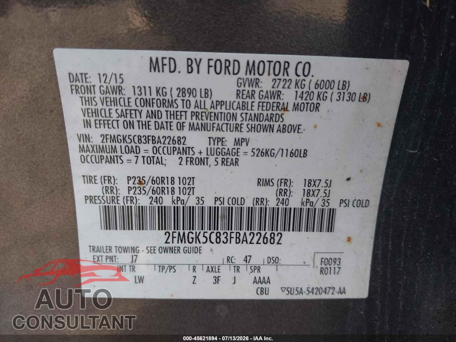 FORD FLEX 2015 - 2FMGK5C83FBA22682