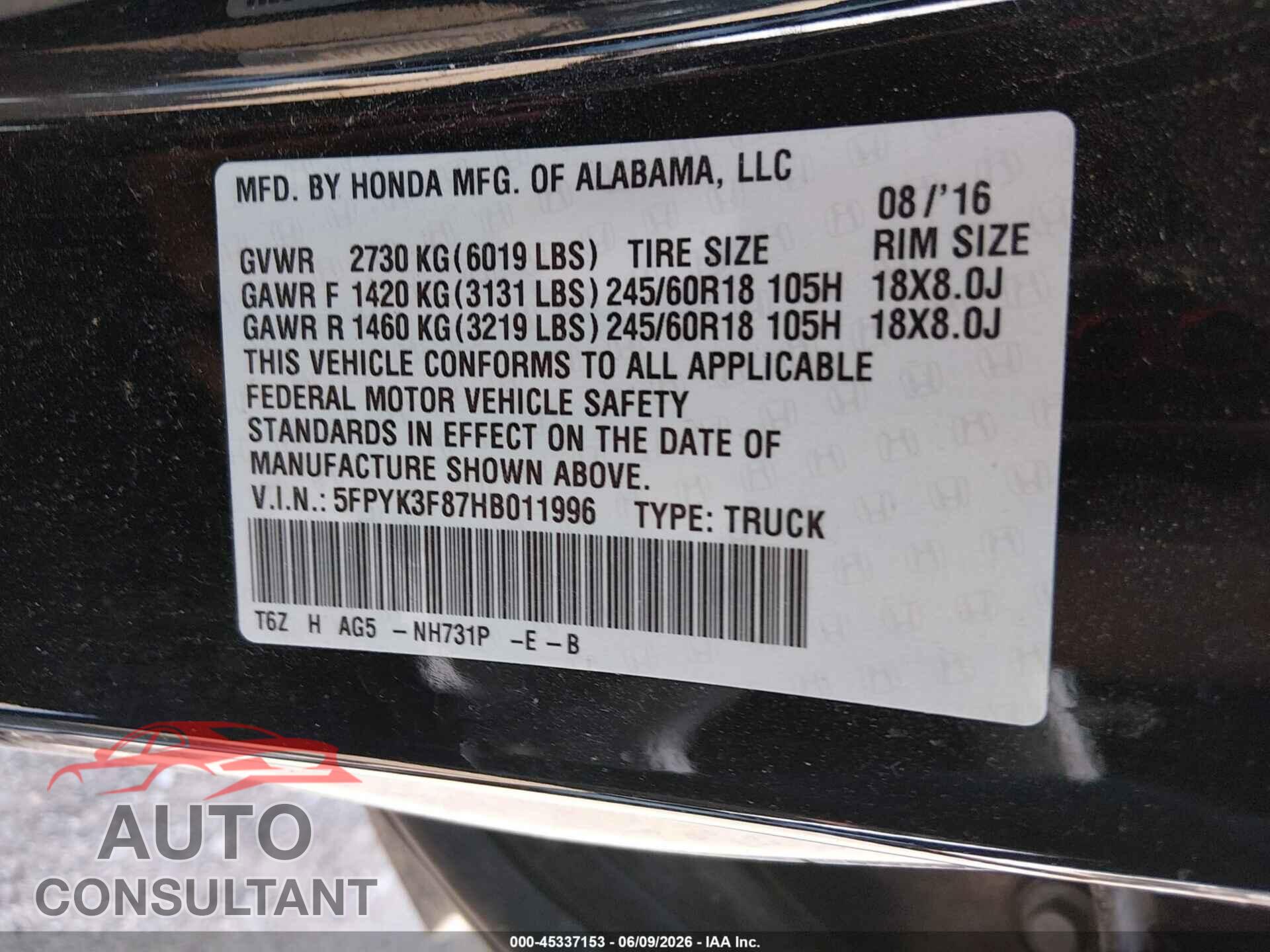 HONDA RIDGELINE 2017 - 5FPYK3F87HB011996