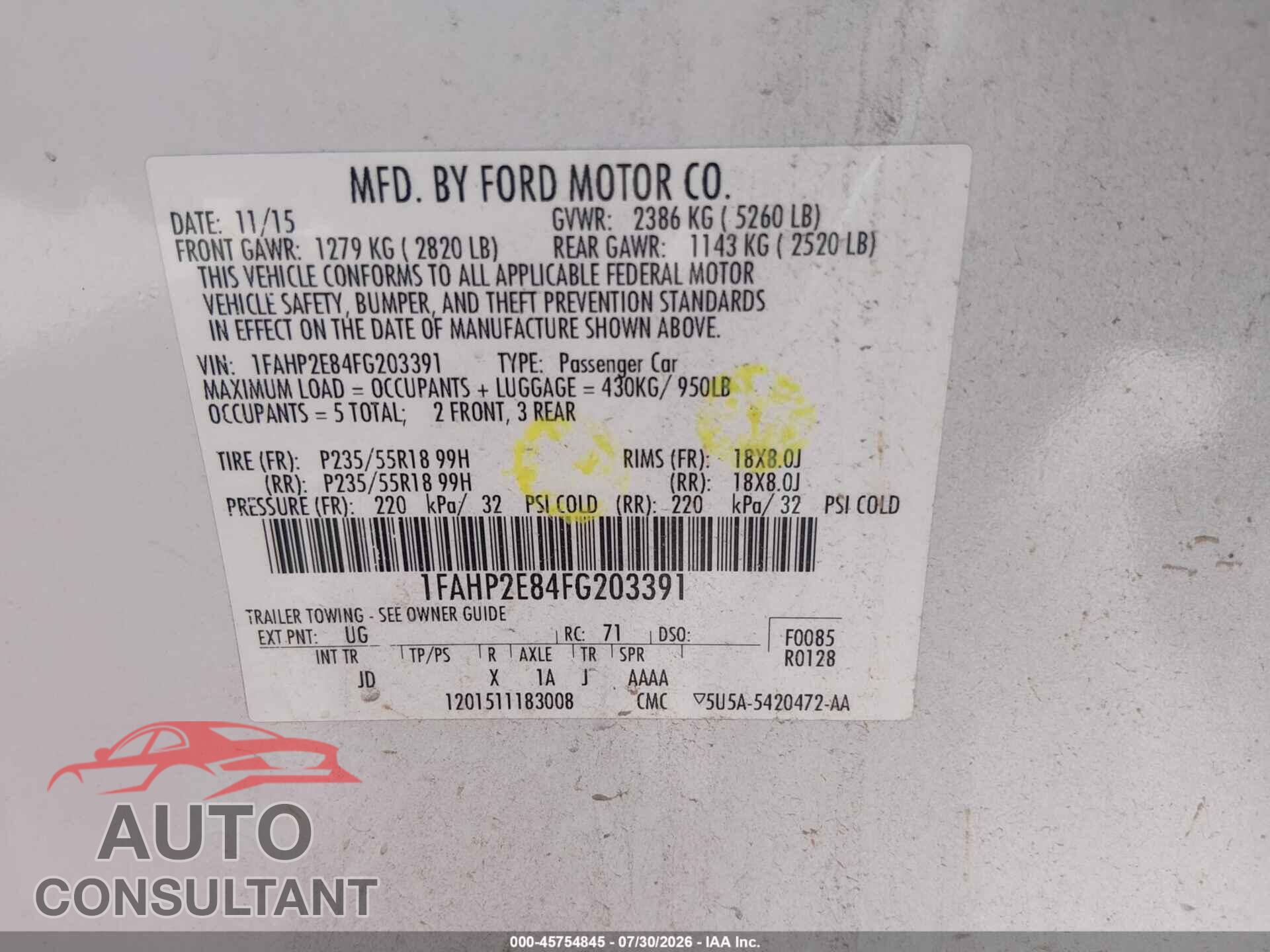 FORD TAURUS 2015 - 1FAHP2E84FG203391