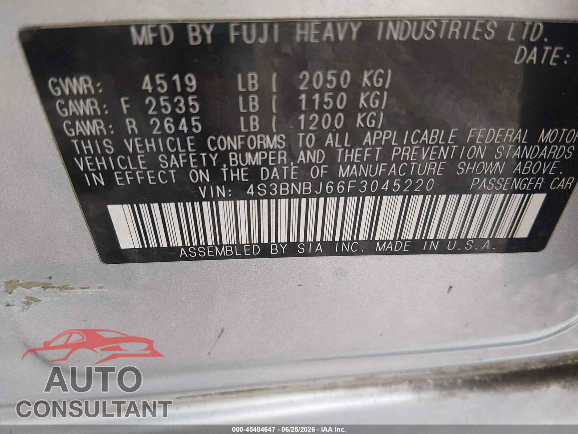 SUBARU LEGACY 2015 - 4S3BNBJ66F3045220