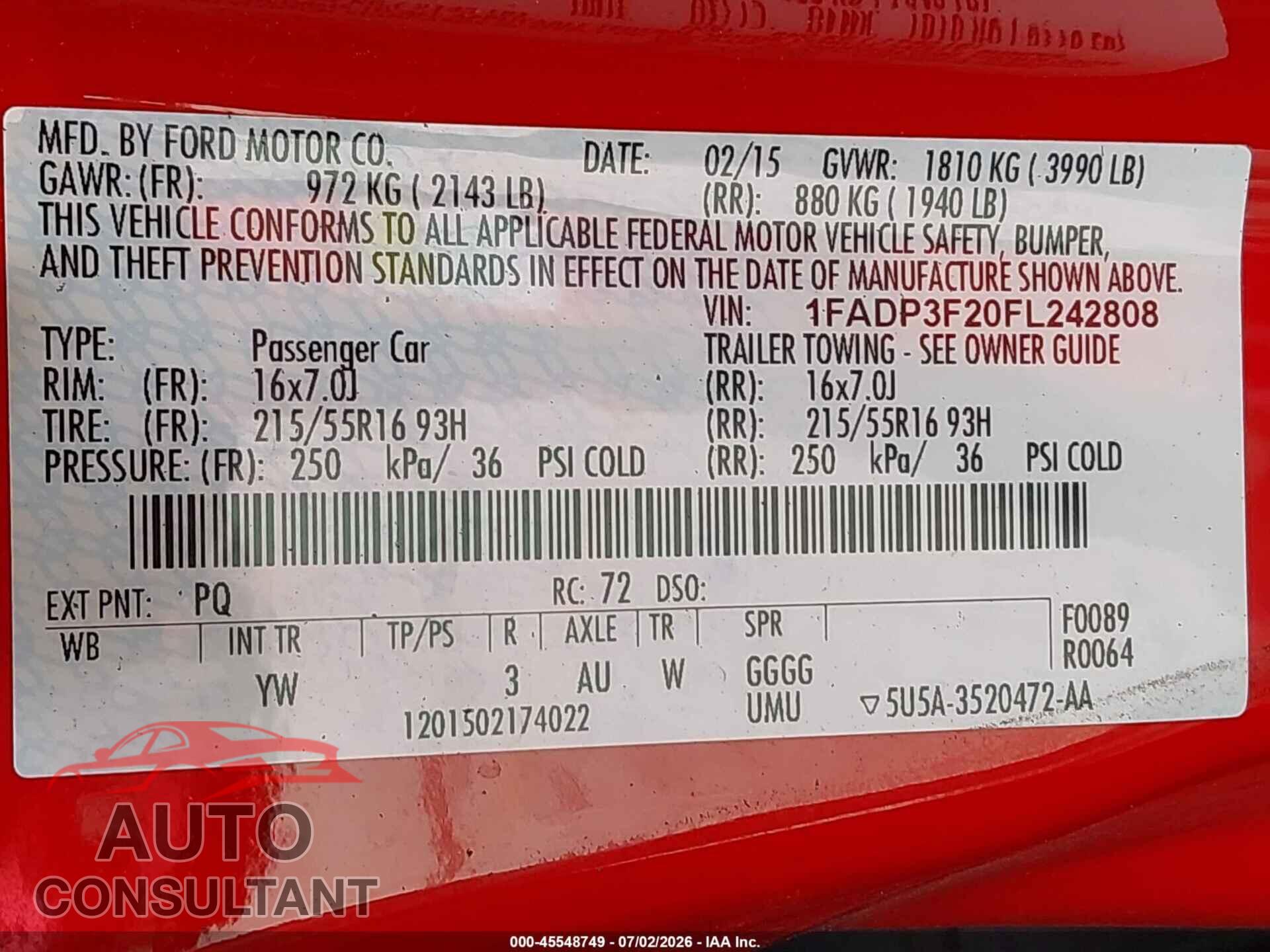 FORD FOCUS 2015 - 1FADP3F20FL242808