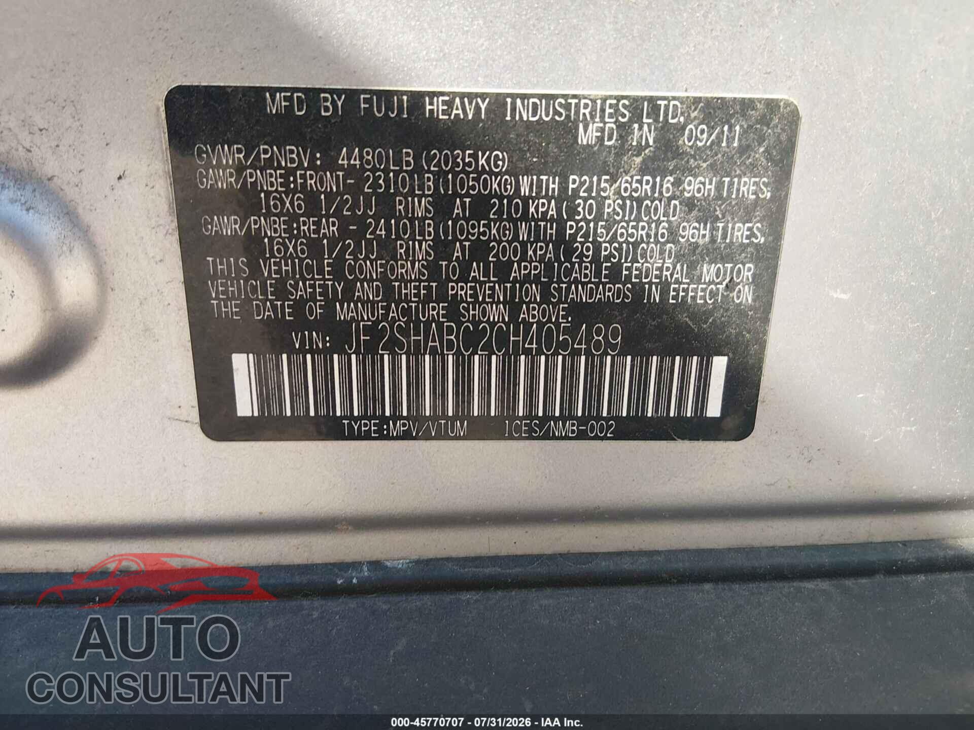 SUBARU FORESTER 2012 - JF2SHABC2CH405489