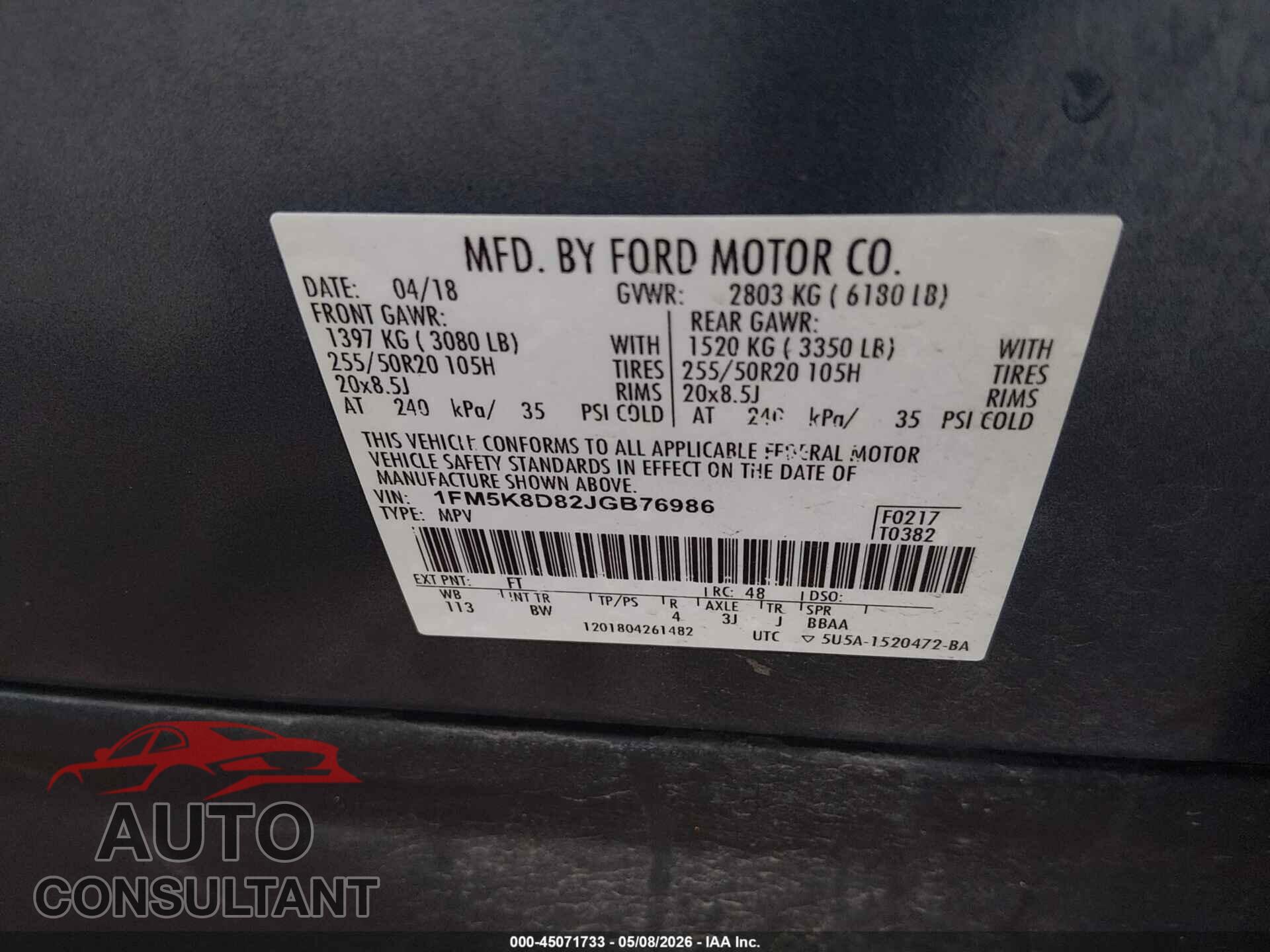 FORD EXPLORER 2018 - 1FM5K8D82JGB76986