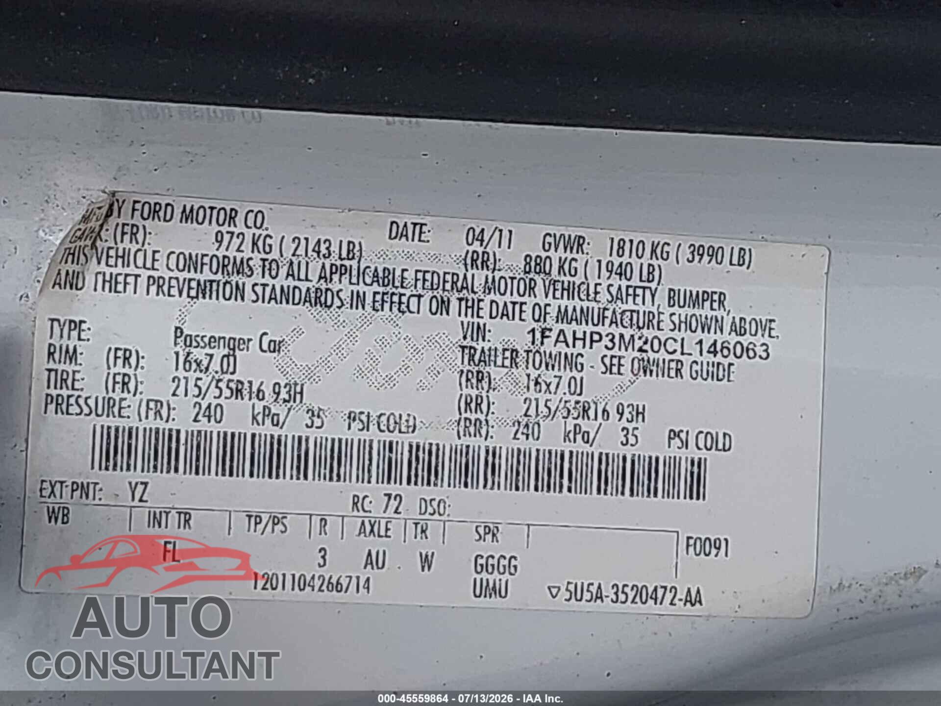 FORD FOCUS 2012 - 1FAHP3M20CL146063