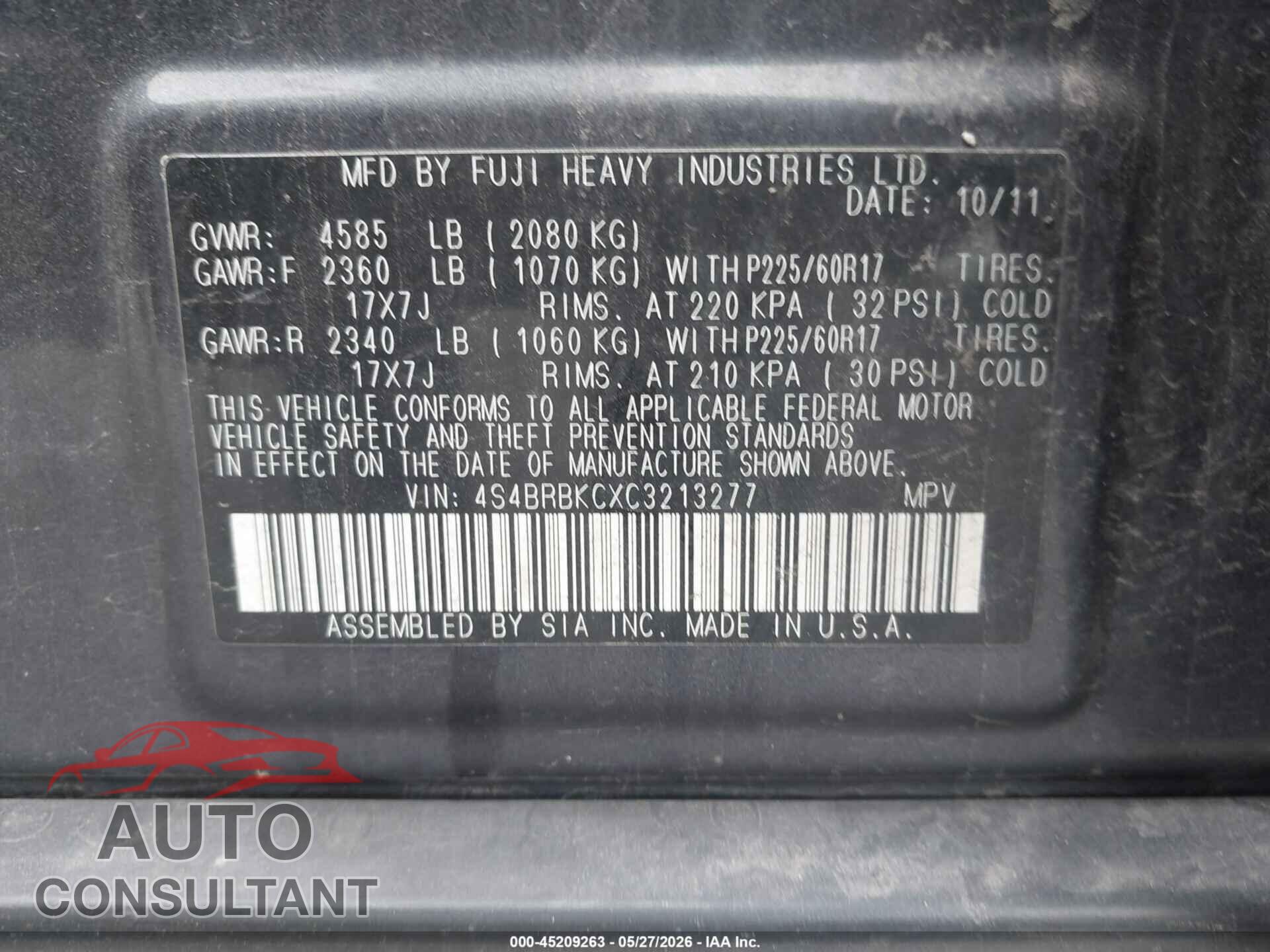 SUBARU OUTBACK 2012 - 4S4BRBKCXC3213277