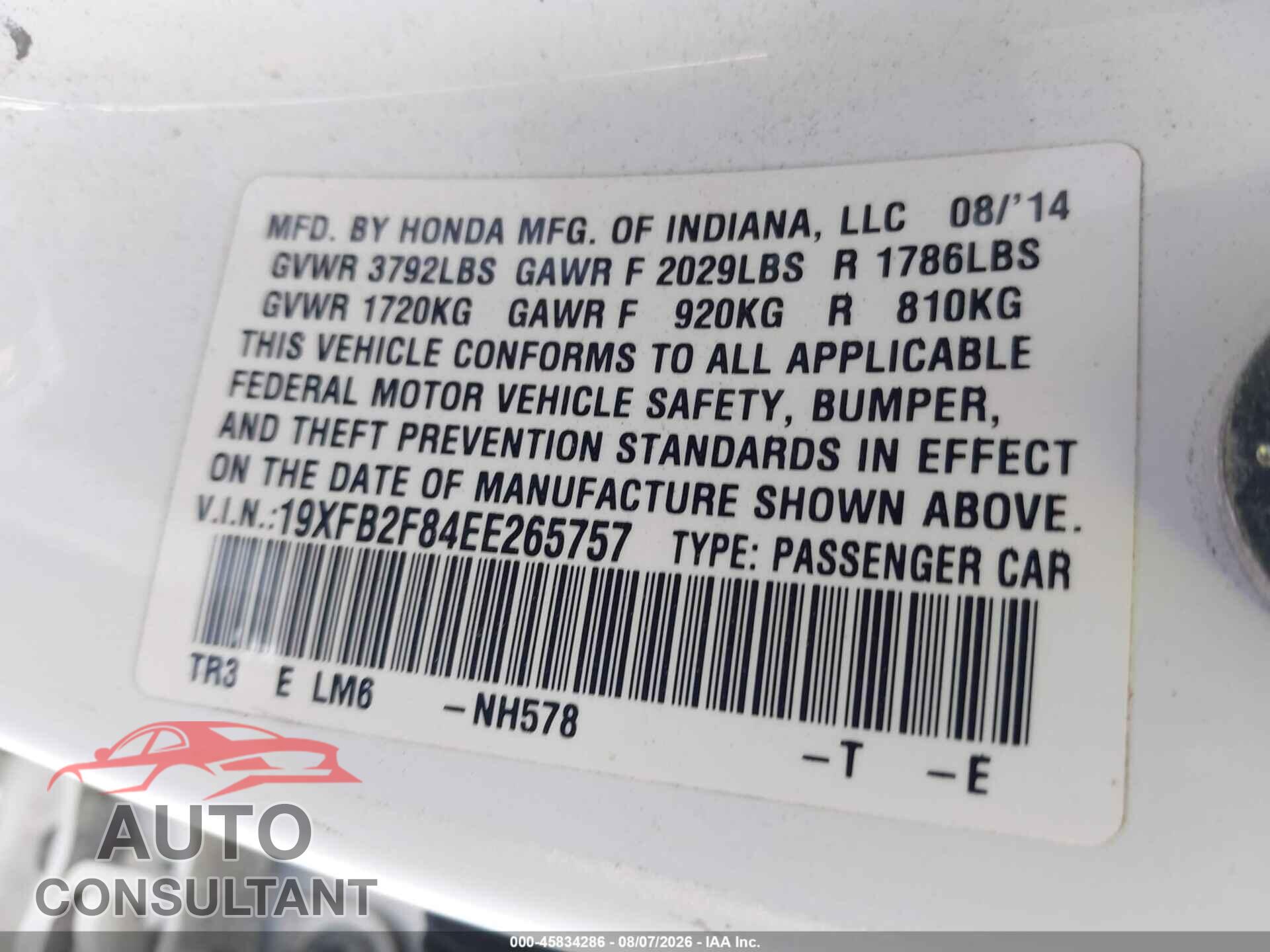 HONDA CIVIC 2014 - 19XFB2F84EE265757