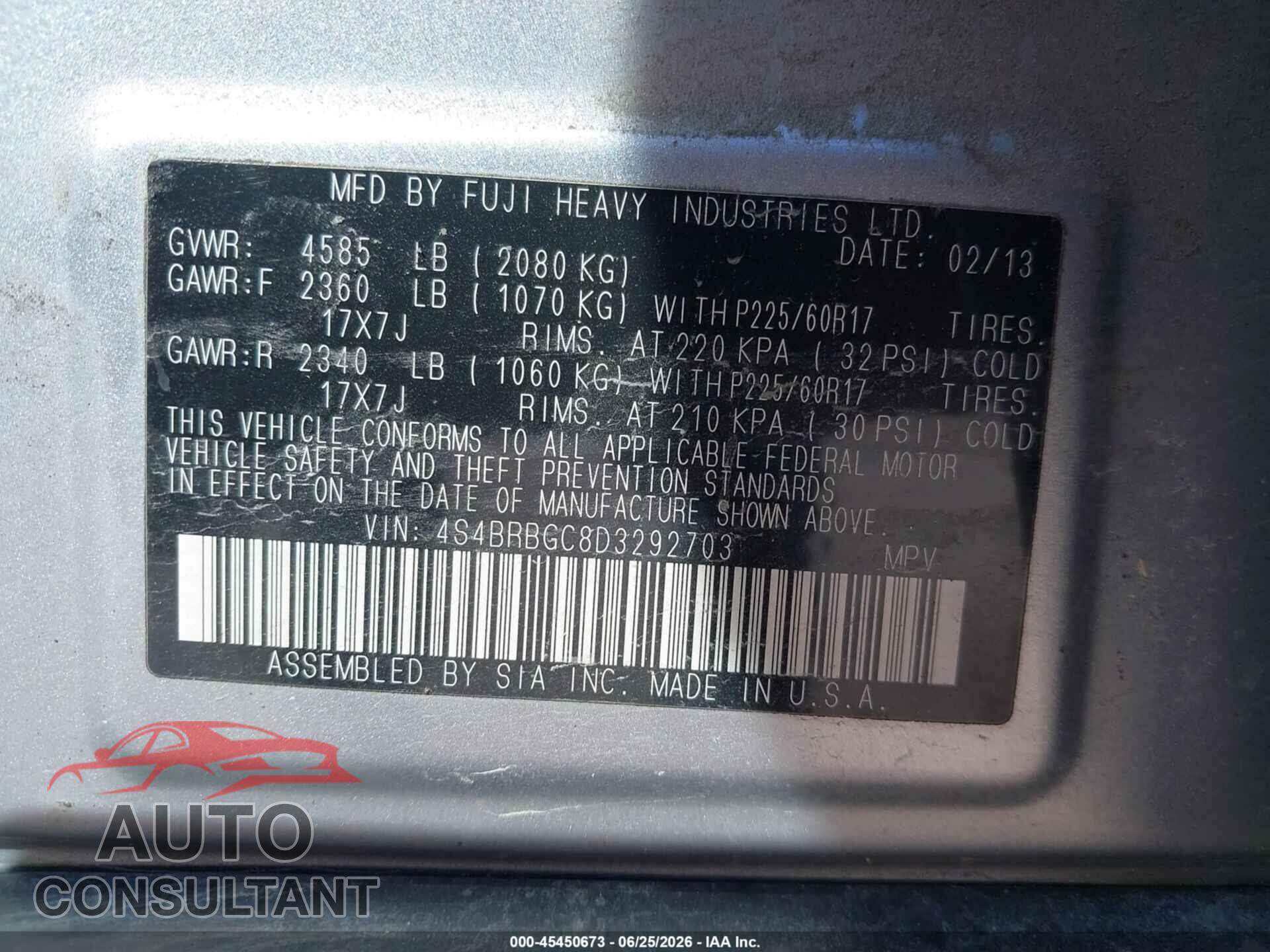 SUBARU OUTBACK 2013 - 4S4BRBGC8D3292703