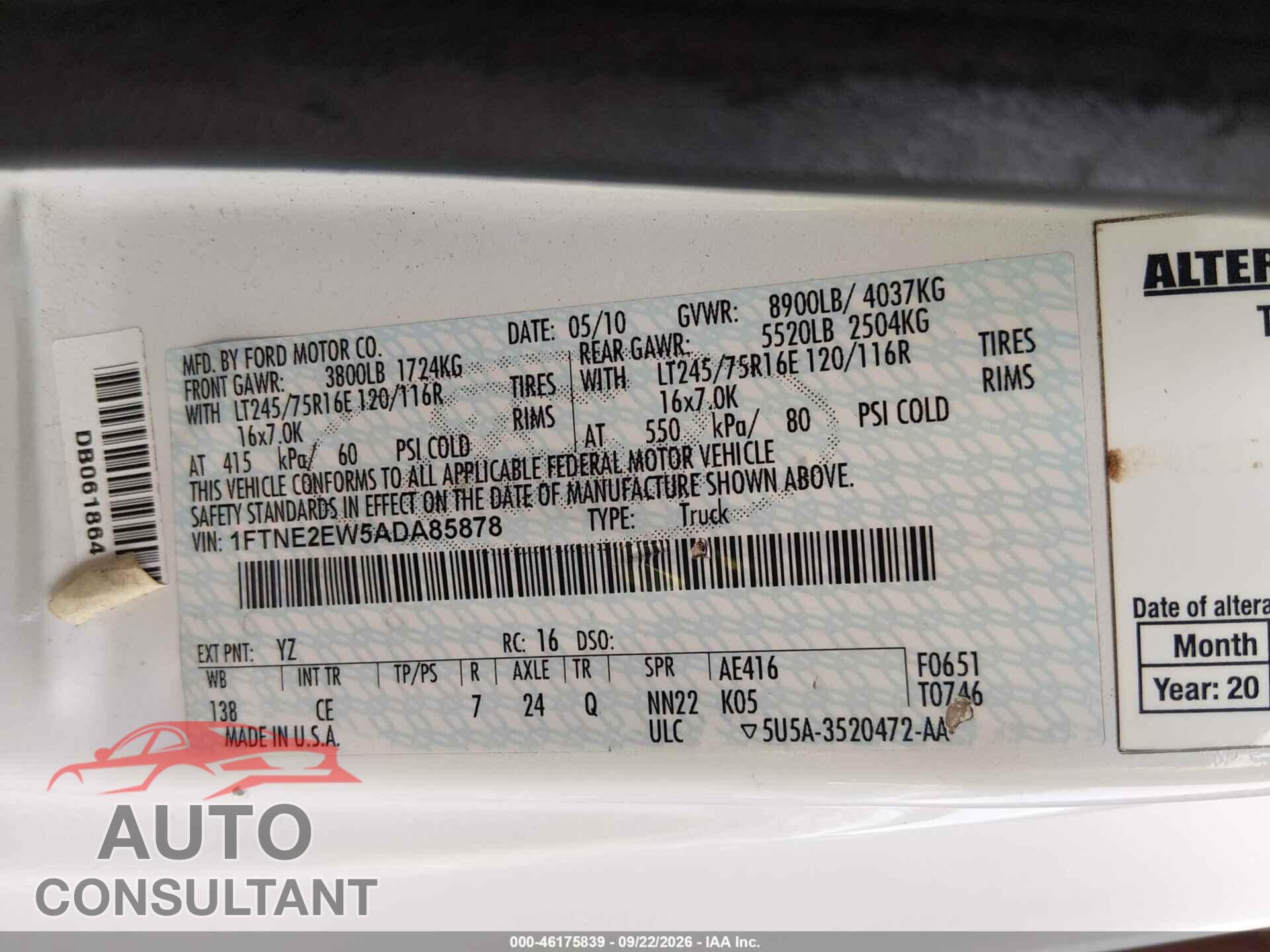 FORD E-250 2010 - 1FTNE2EW5ADA85878