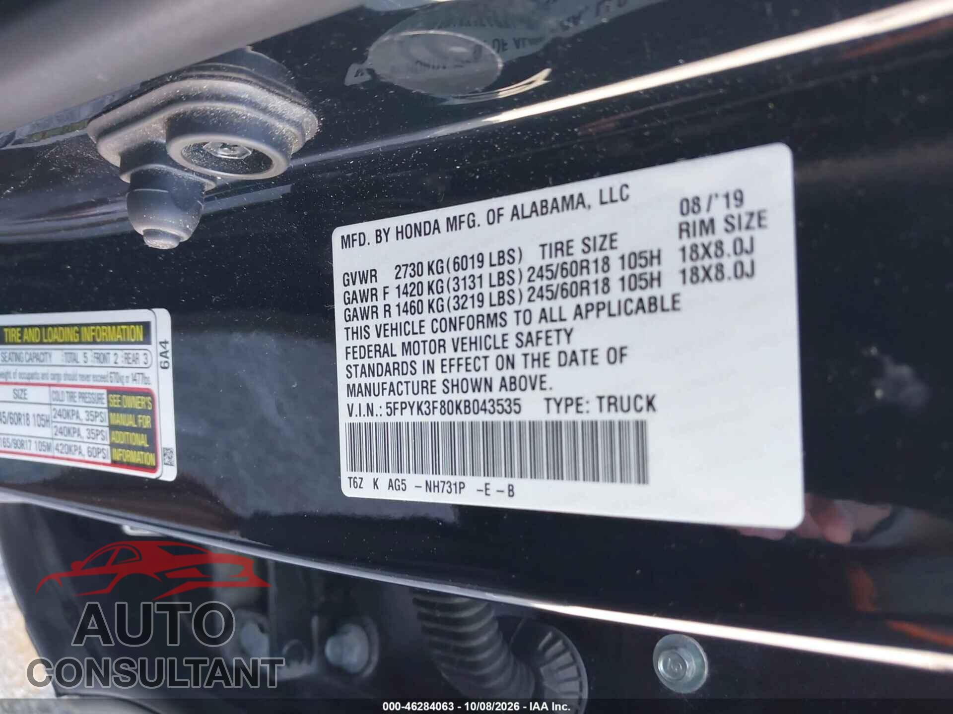 HONDA RIDGELINE 2019 - 5FPYK3F80KB043535