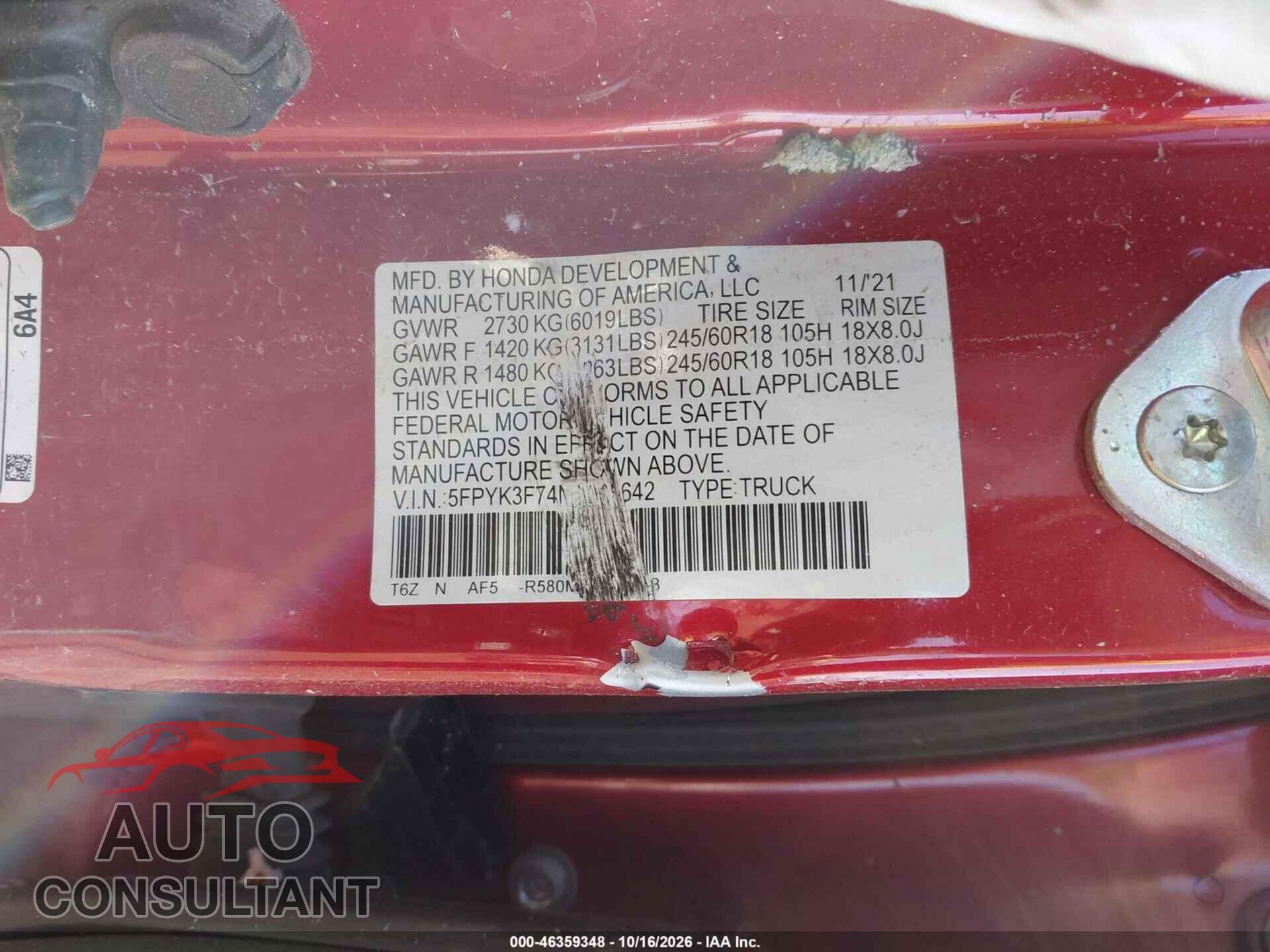 HONDA RIDGELINE 2022 - 5FPYK3F74NB005642