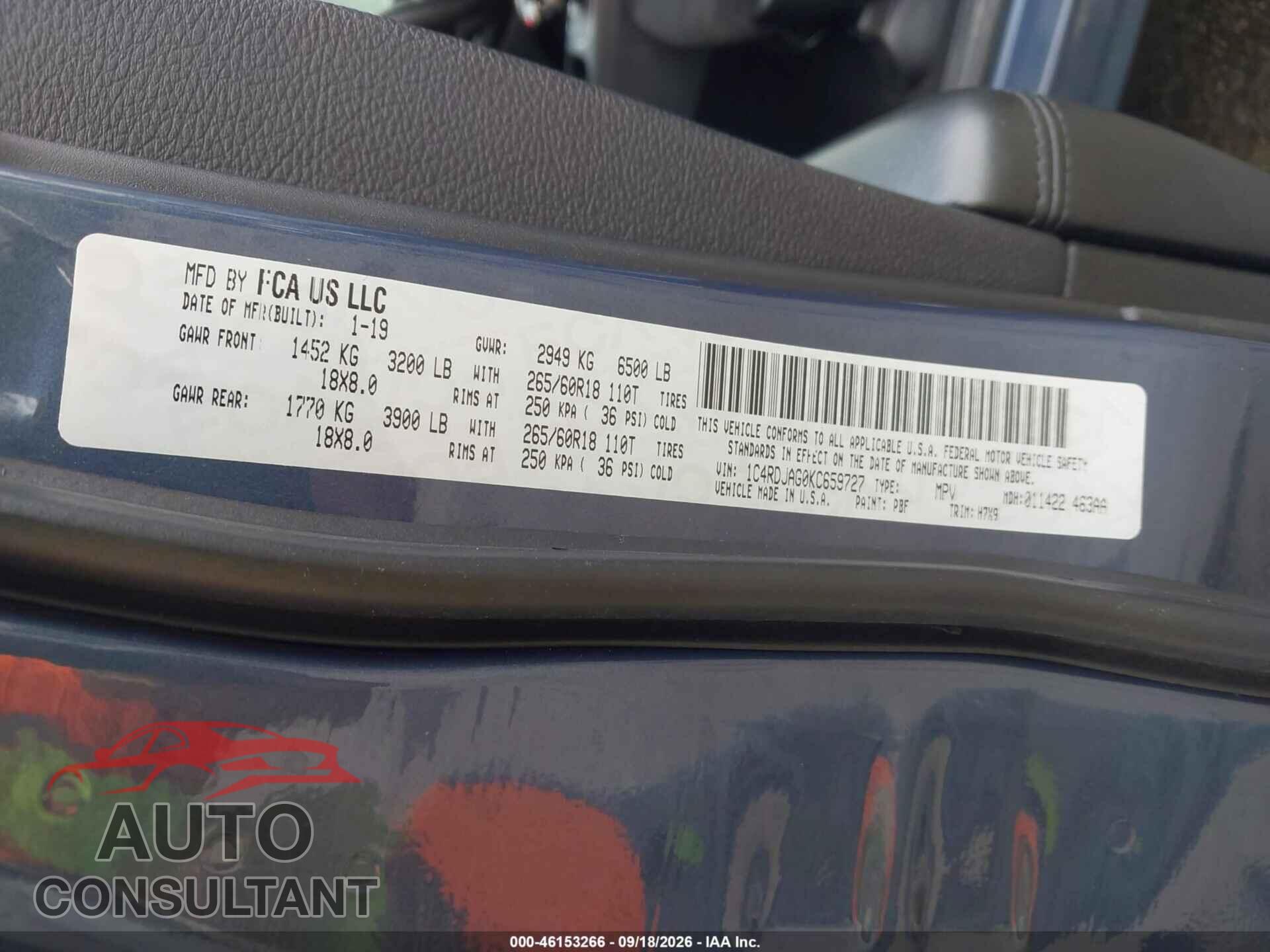 DODGE DURANGO 2019 - 1C4RDJAG0KC659727