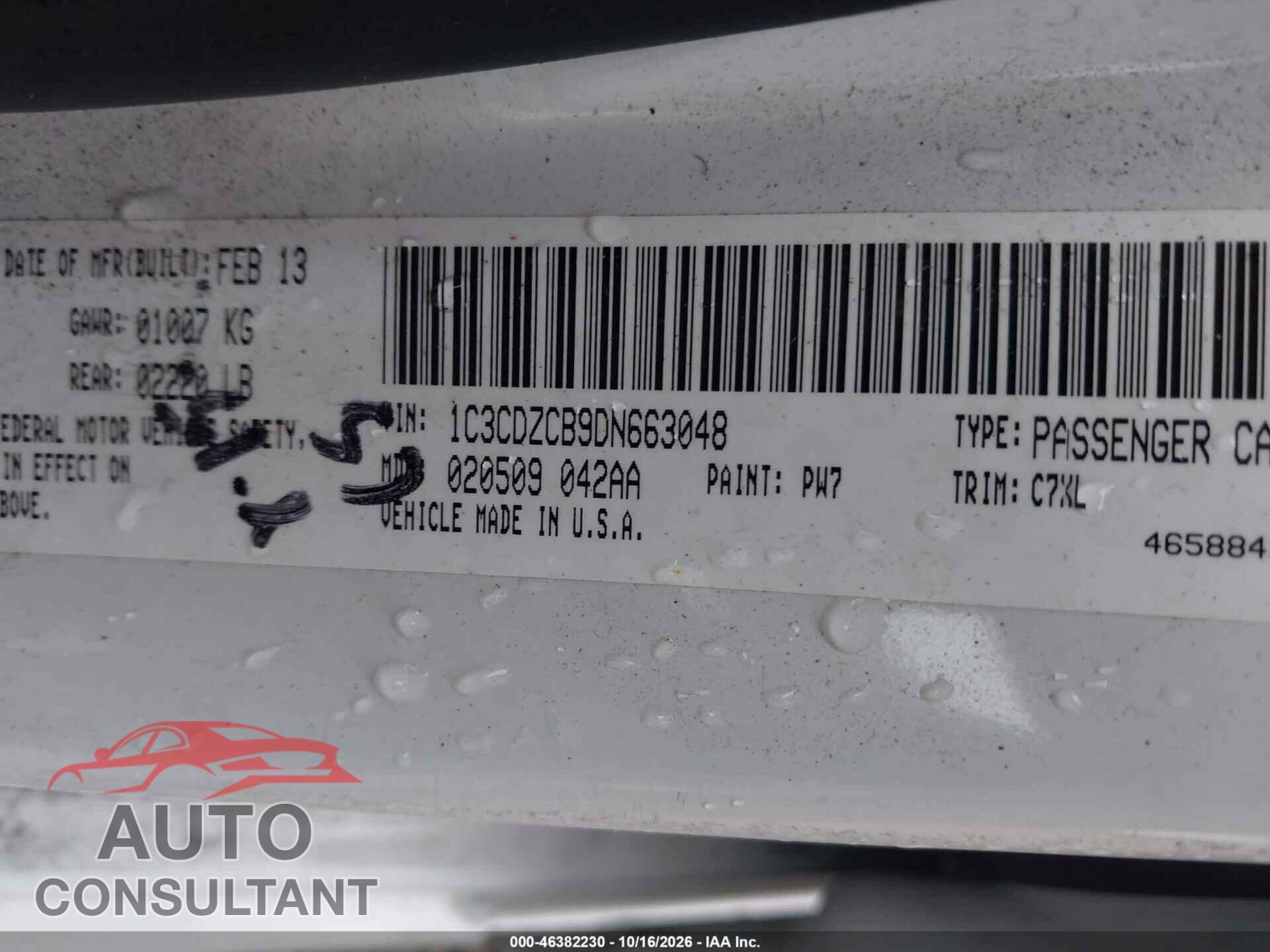 DODGE AVENGER 2013 - 1C3CDZCB9DN663048