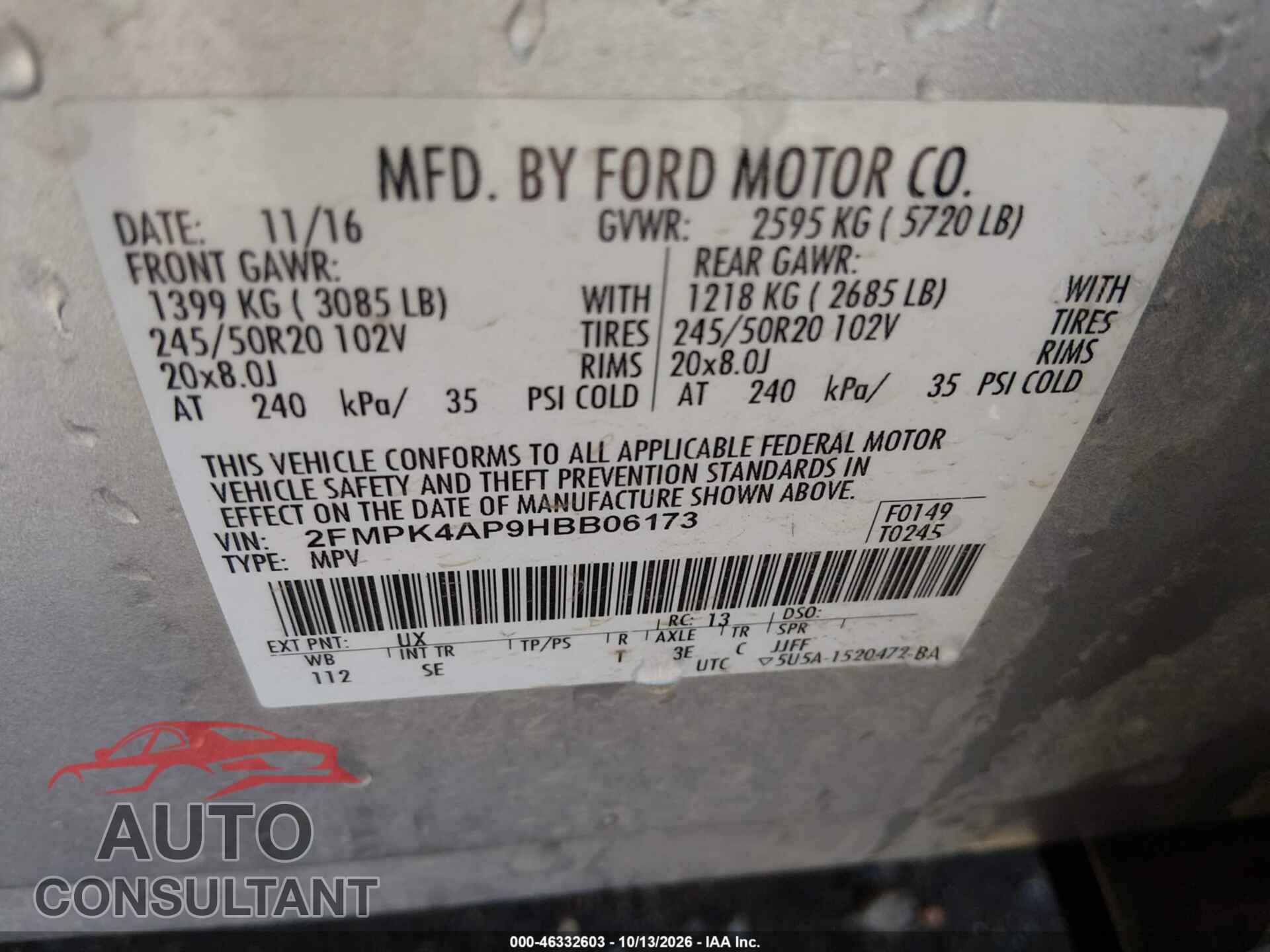 FORD EDGE 2017 - 2FMPK4AP9HBB06173