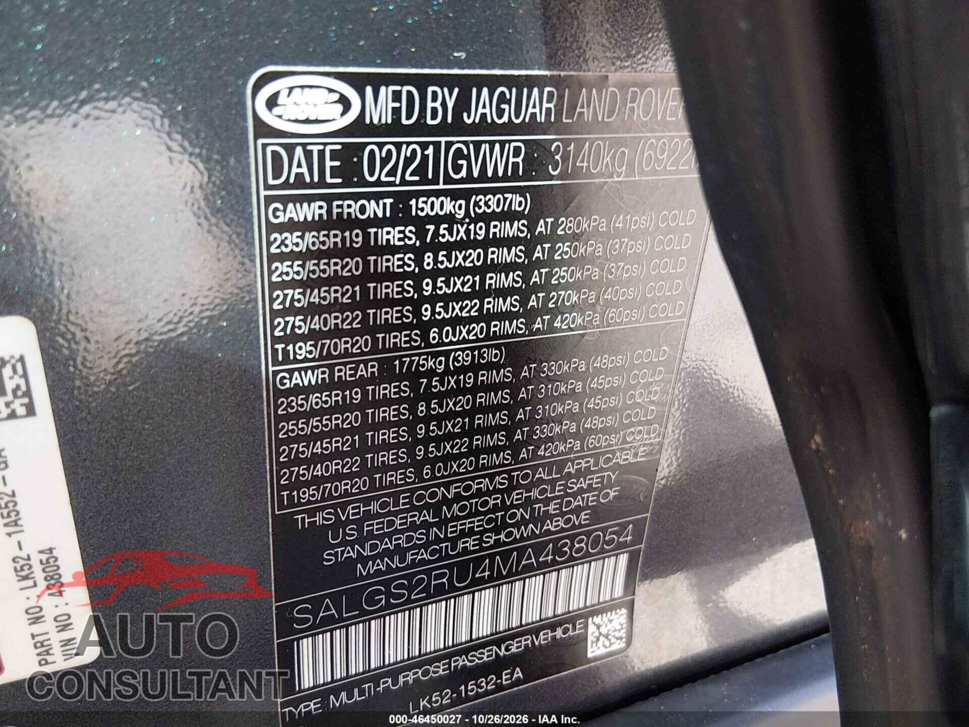 LAND ROVER RANGE ROVER 2021 - SALGS2RU4MA438054