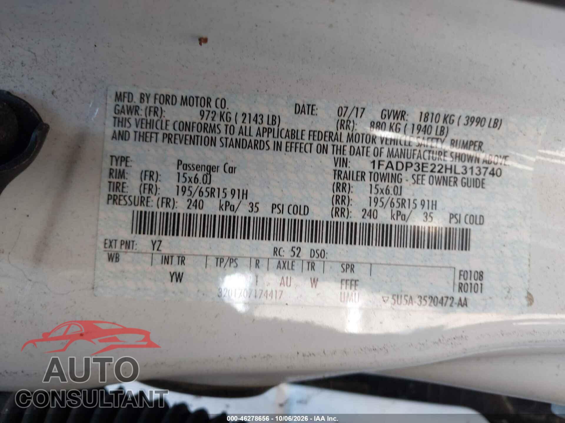 FORD FOCUS 2017 - 1FADP3E22HL313740