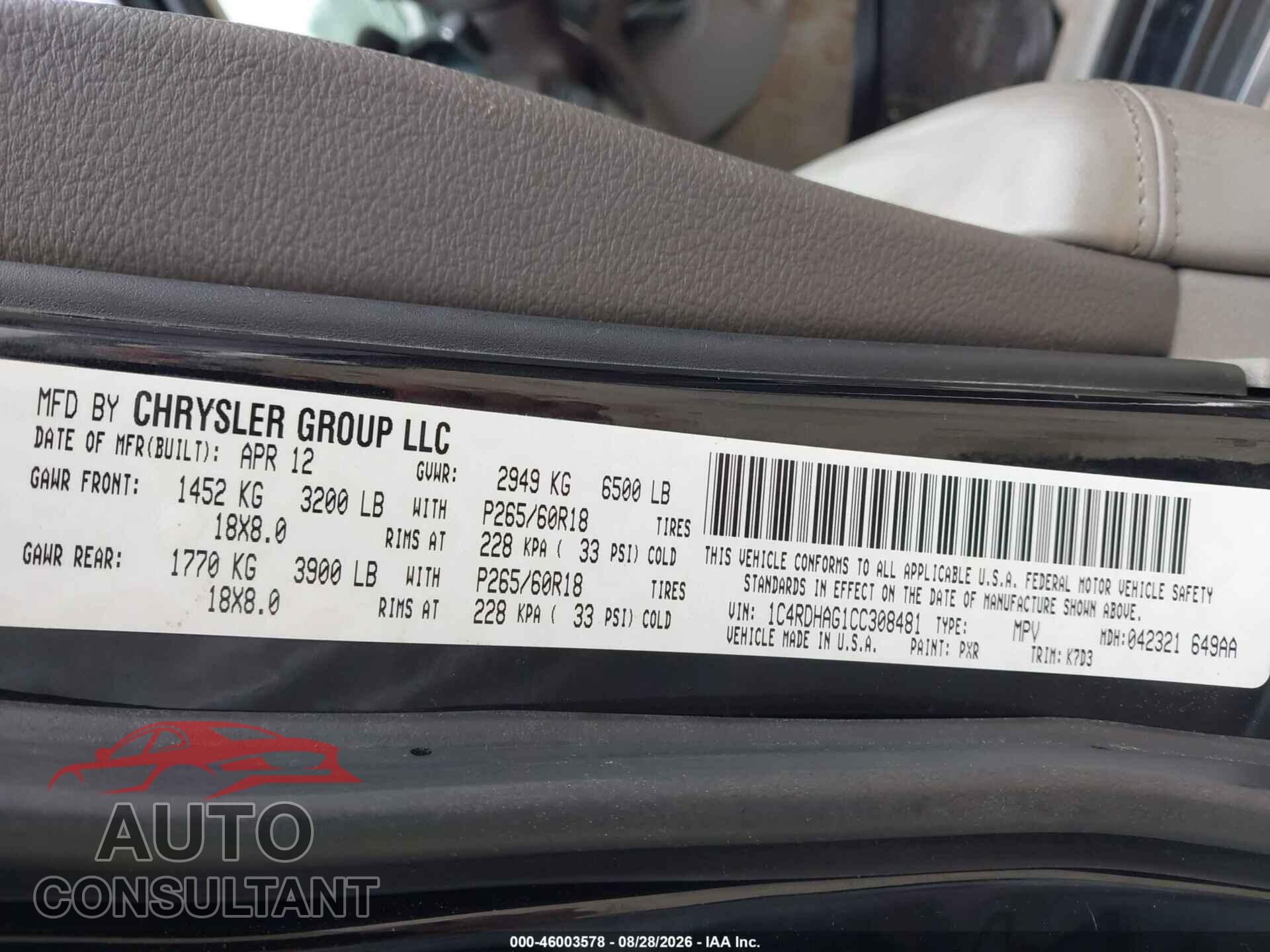 DODGE DURANGO 2012 - 1C4RDHAG1CC308481