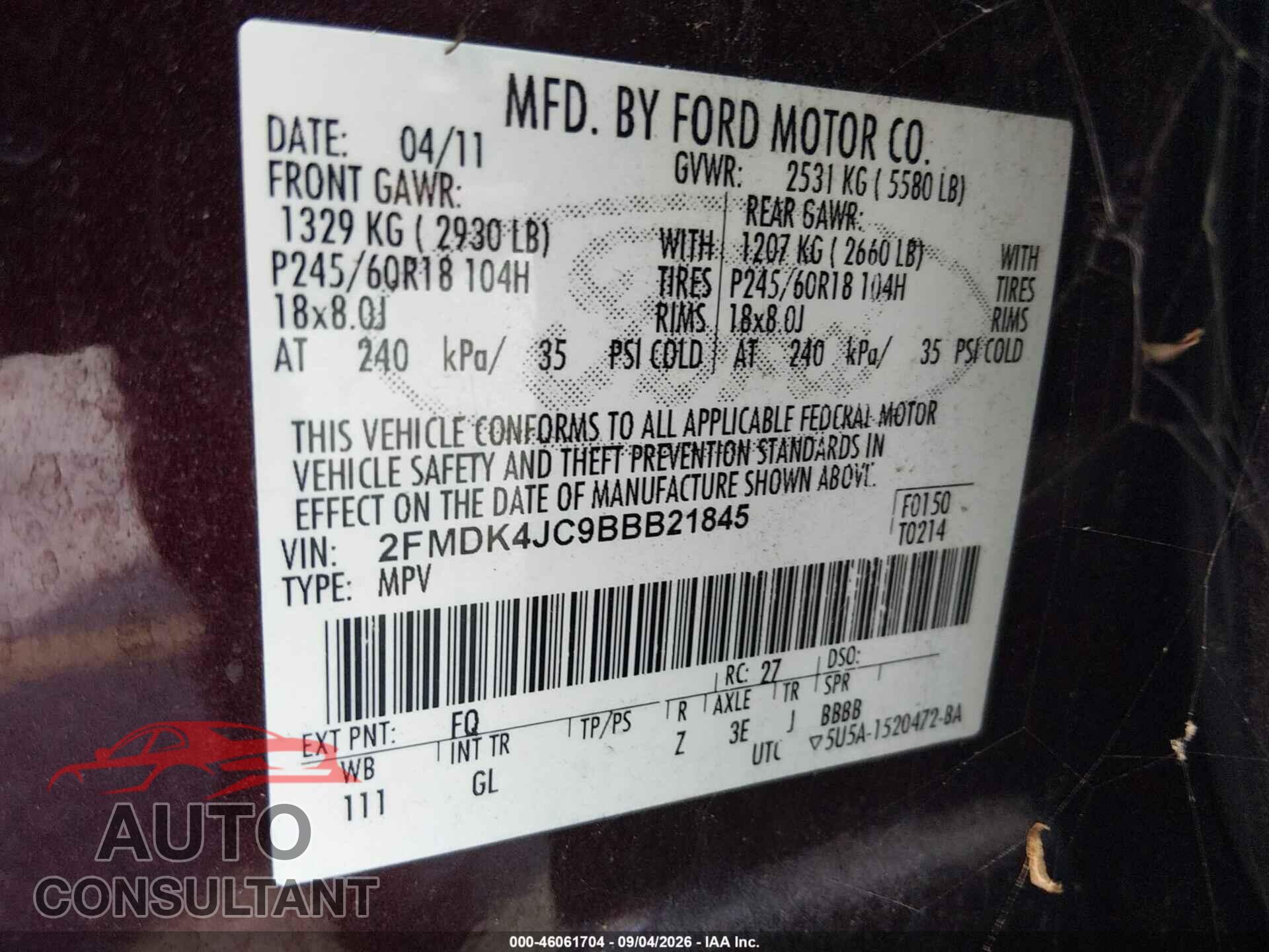 FORD EDGE 2011 - 2FMDK4JC9BBB21845