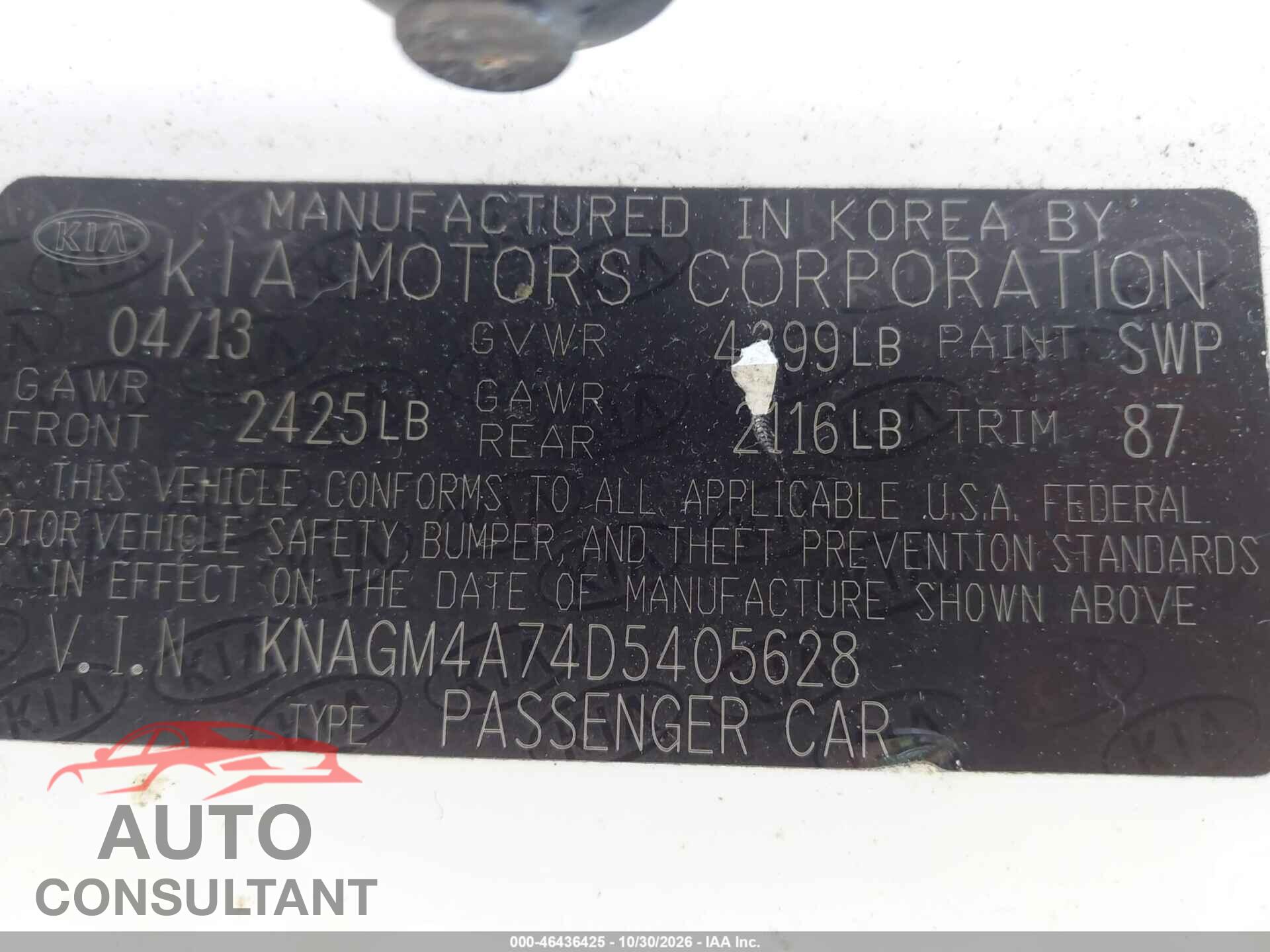 KIA OPTIMA 2013 - KNAGM4A74D5405628