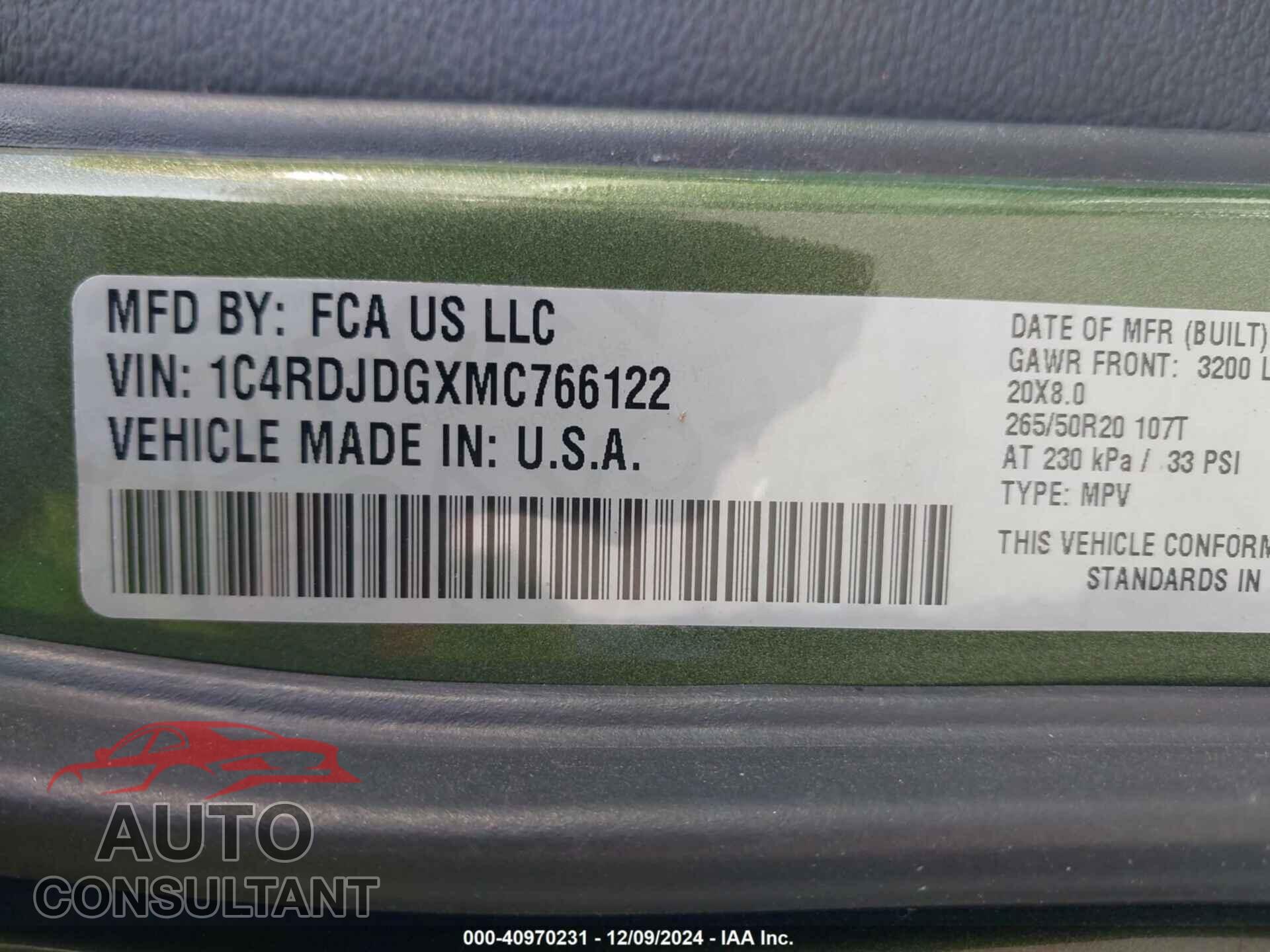 DODGE DURANGO 2021 - 1C4RDJDGXMC766122