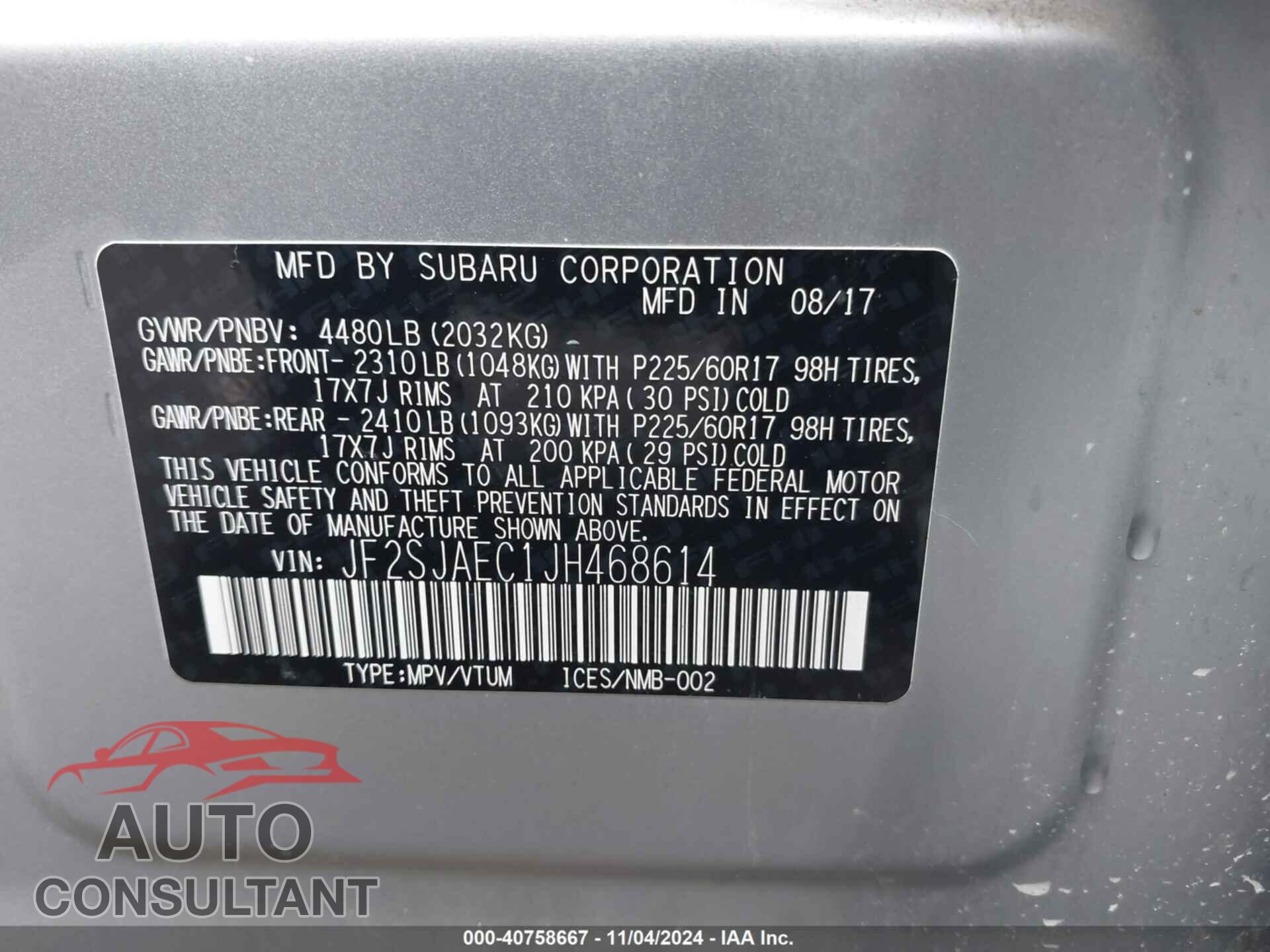 SUBARU FORESTER 2018 - JF2SJAEC1JH468614