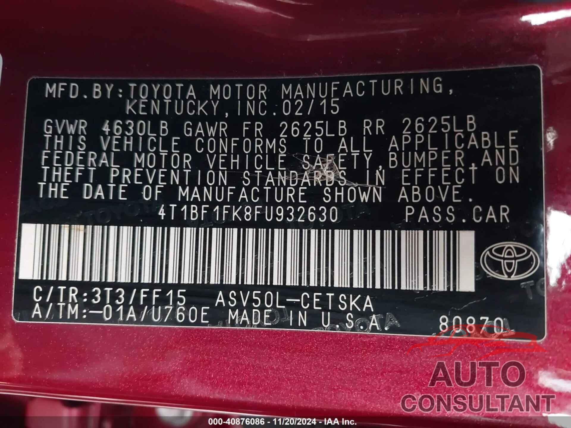 TOYOTA CAMRY 2015 - 4T1BF1FK8FU932630
