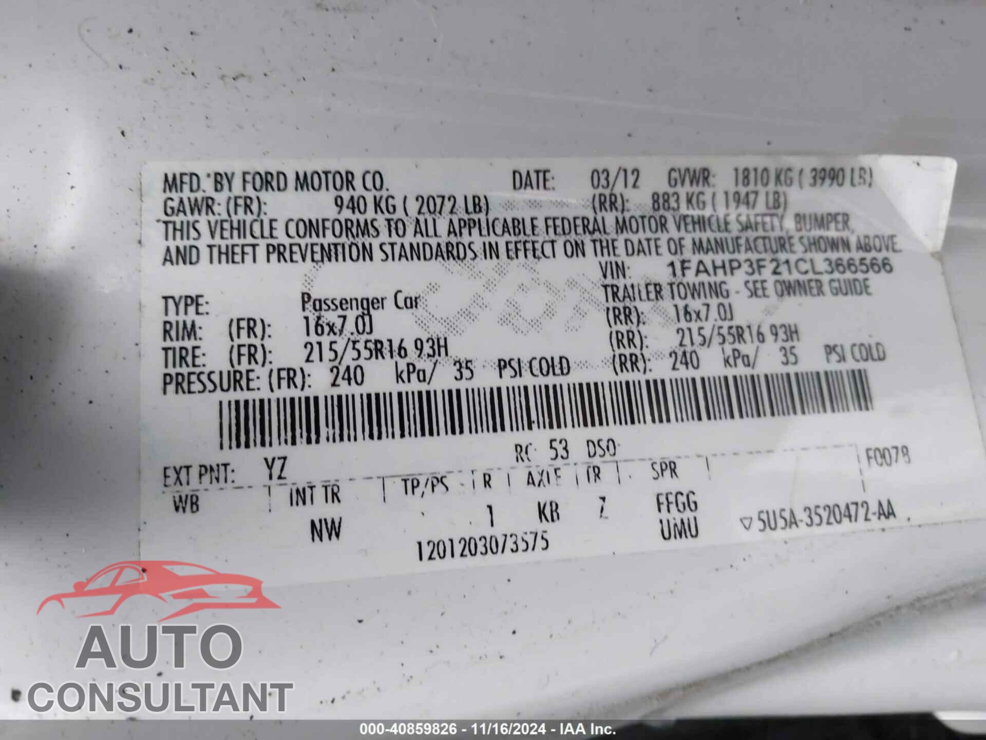 FORD FOCUS 2012 - 1FAHP3F21CL366566