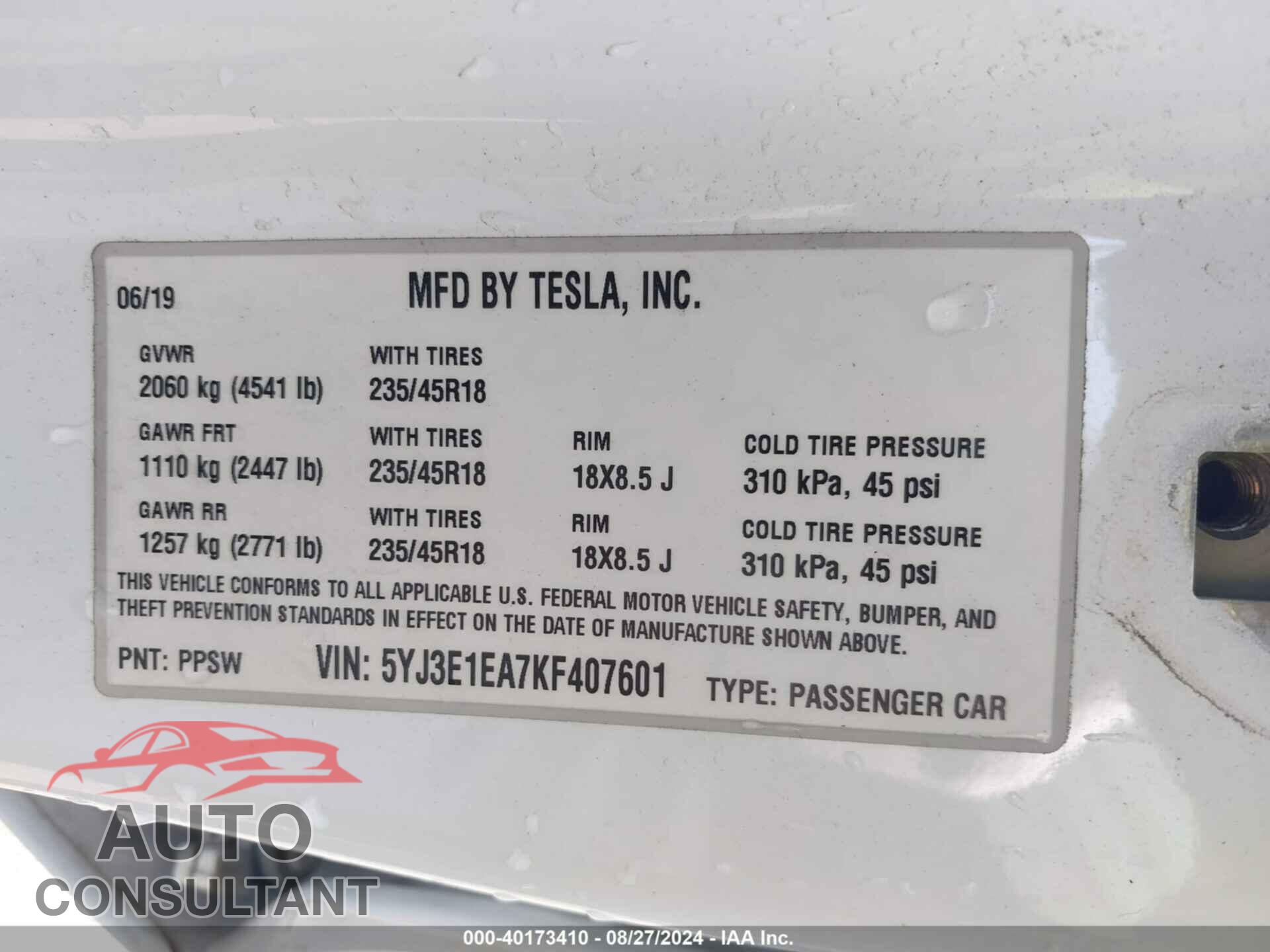 TESLA MODEL 3 2019 - 5YJ3E1EA7KF407601