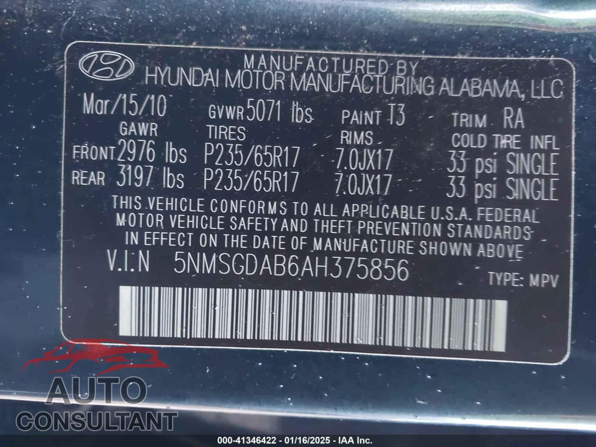 HYUNDAI SANTA FE 2010 - 5NMSGDAB6AH375856