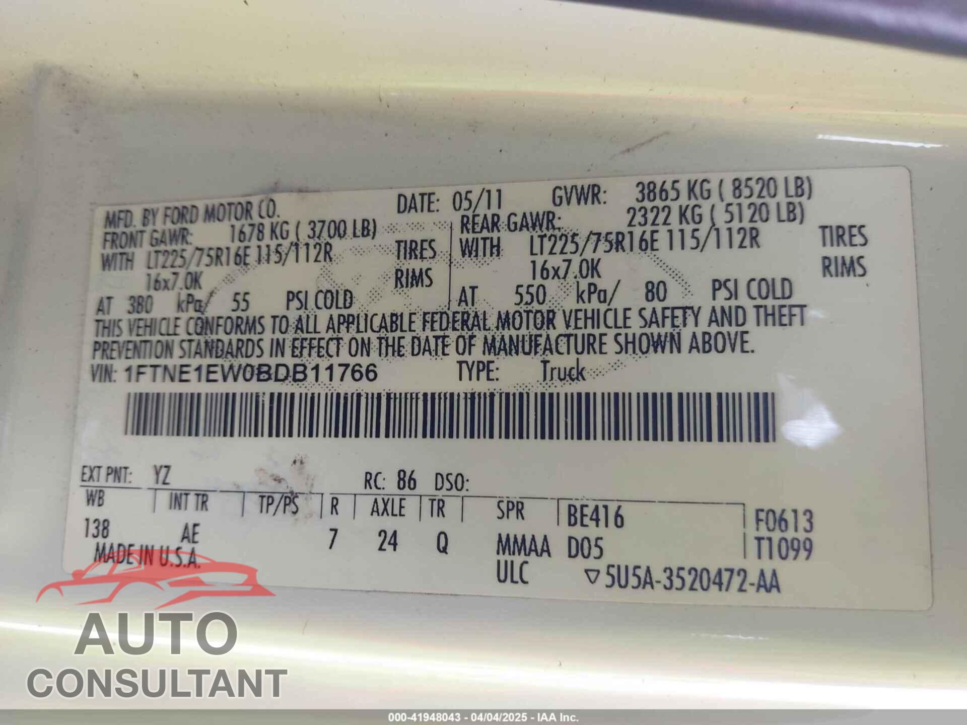 FORD E-150 2011 - 1FTNE1EW0BDB11766