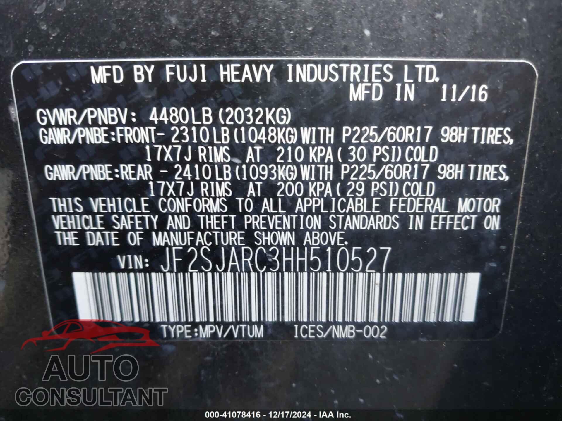 SUBARU FORESTER 2017 - JF2SJARC3HH510527