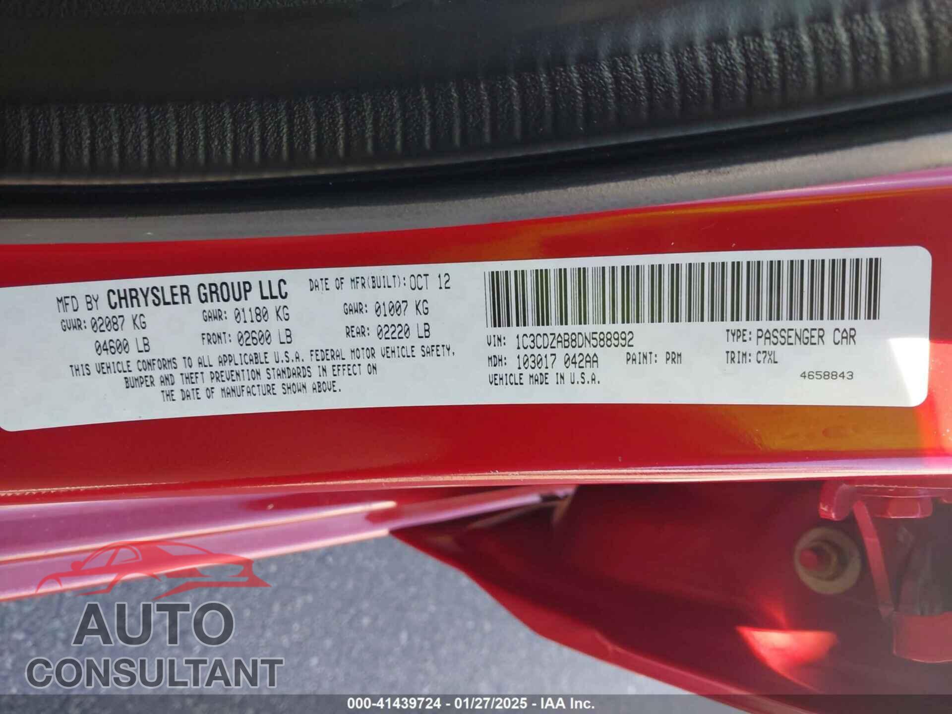 DODGE AVENGER 2013 - 1C3CDZAB8DN588992