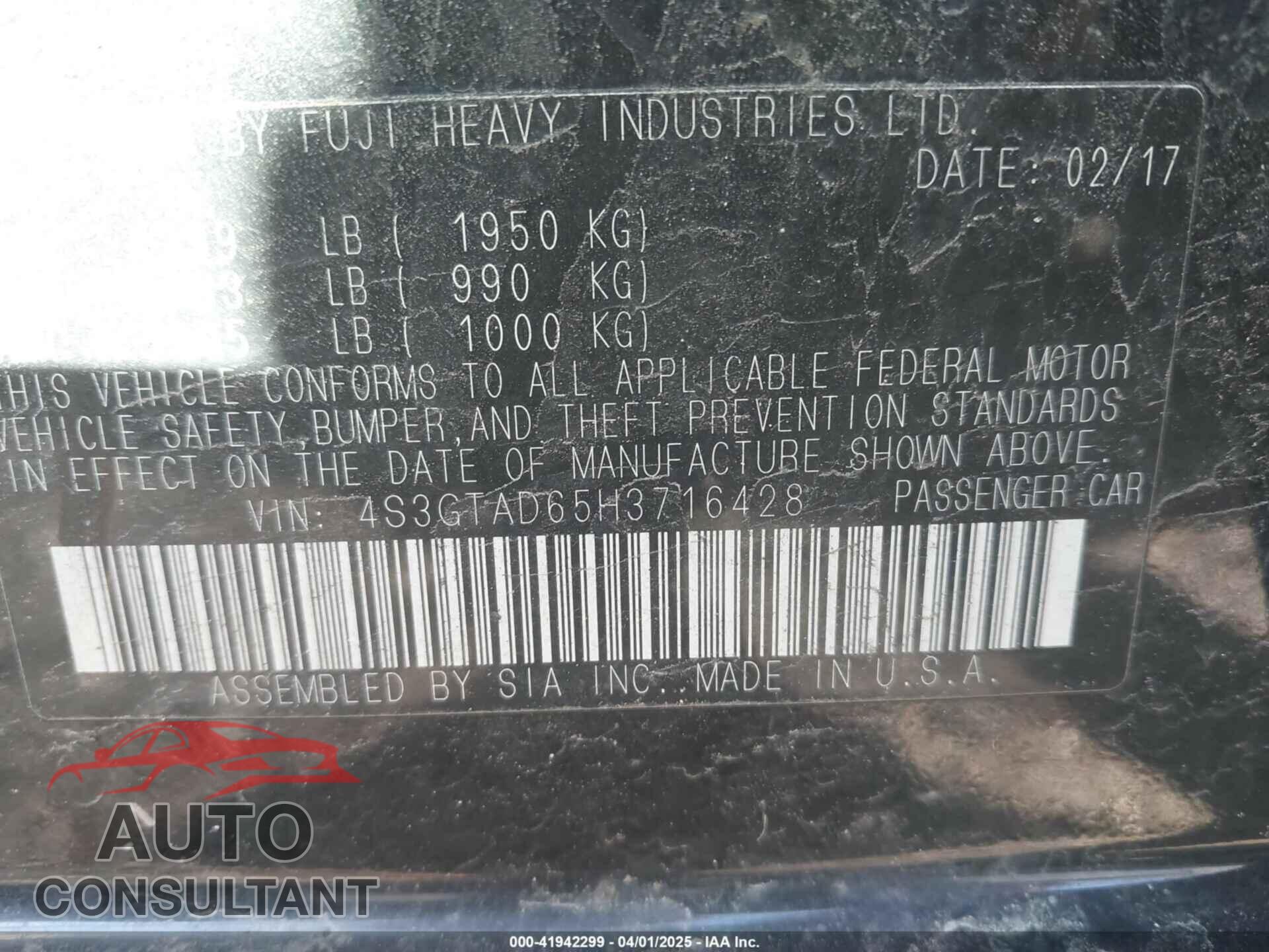 SUBARU IMPREZA 2017 - 4S3GTAD65H3716428