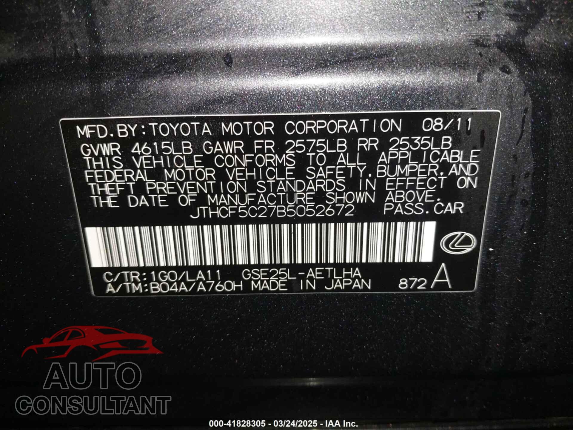 LEXUS IS 250 2011 - JTHCF5C27B5052672